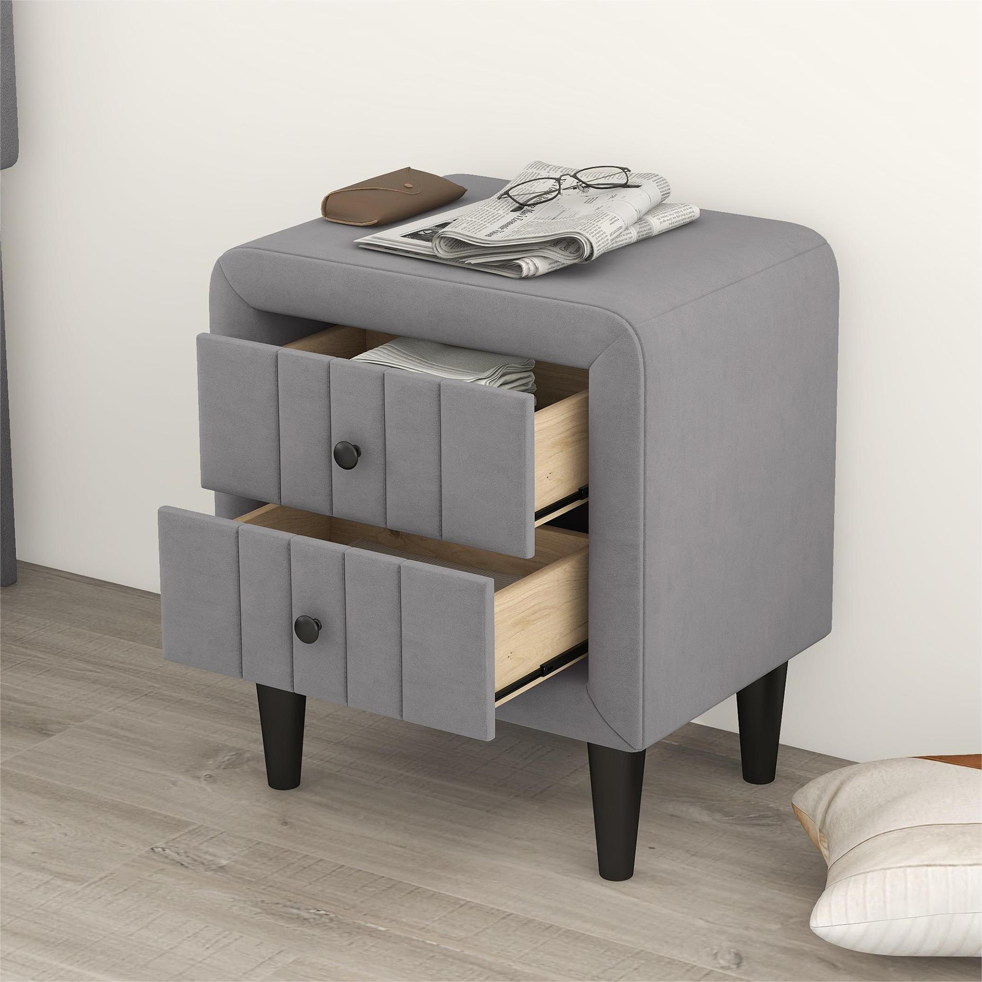 Upholstered Wooden Nightstand with 2 Drawers,Fully Assembled Except Legs and Handles,Velvet Bedside Table-Gray