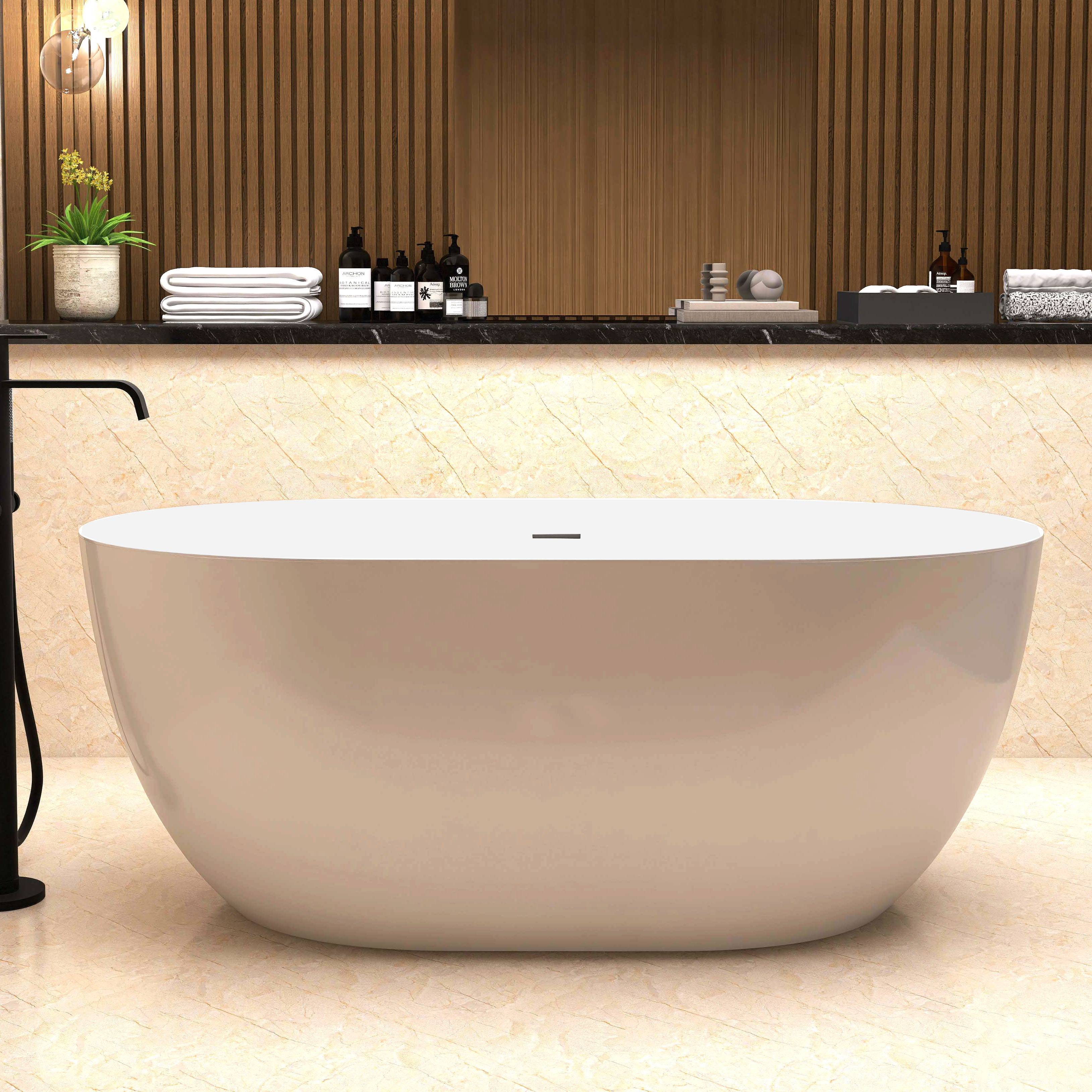 67" Acrylic Free Standing Tub - Classic Oval Shape Soaking Tub, Adjustable Freestanding Bathtub with Integrated Slotted Overflow and Chrome Pop-up Drain Anti-clogging Gloss White-CASAINC
