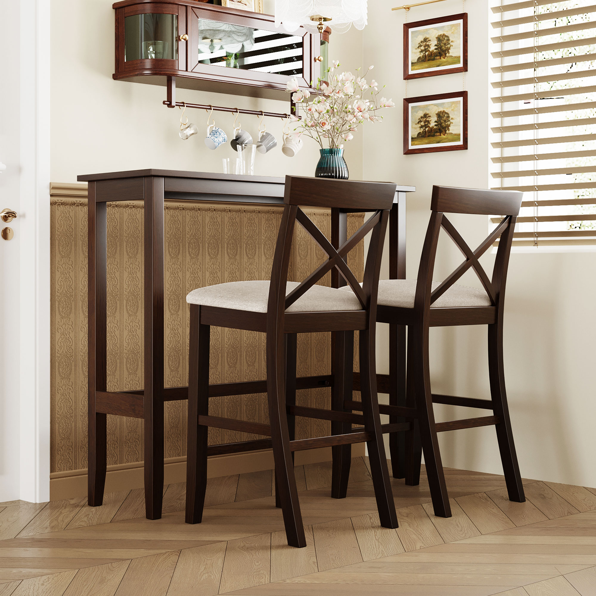 Farmhouse 48”Rectangular Wood Bar Height Dining Set Kitchen Breakfast Nook with 2 Chairs for Small Places,Dark Walnut