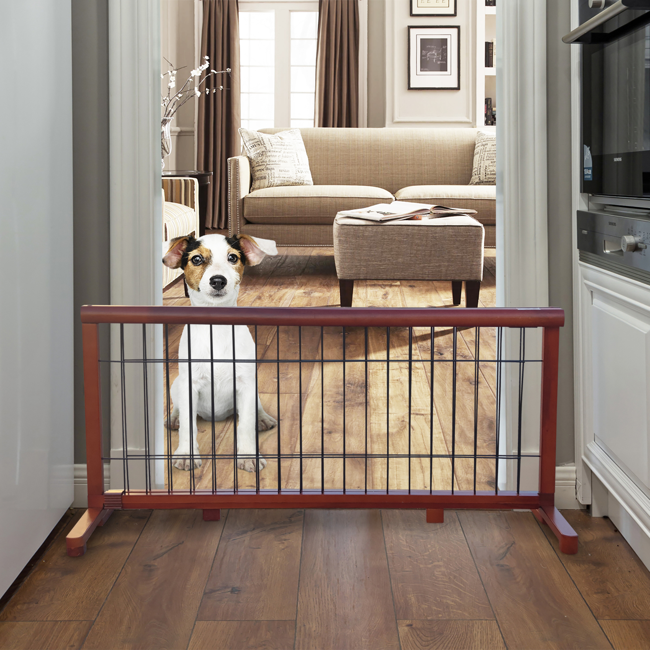MAHOGANY Wooden Dog Gate, Free Standing Wire Mesh Pet Gate, Expandable