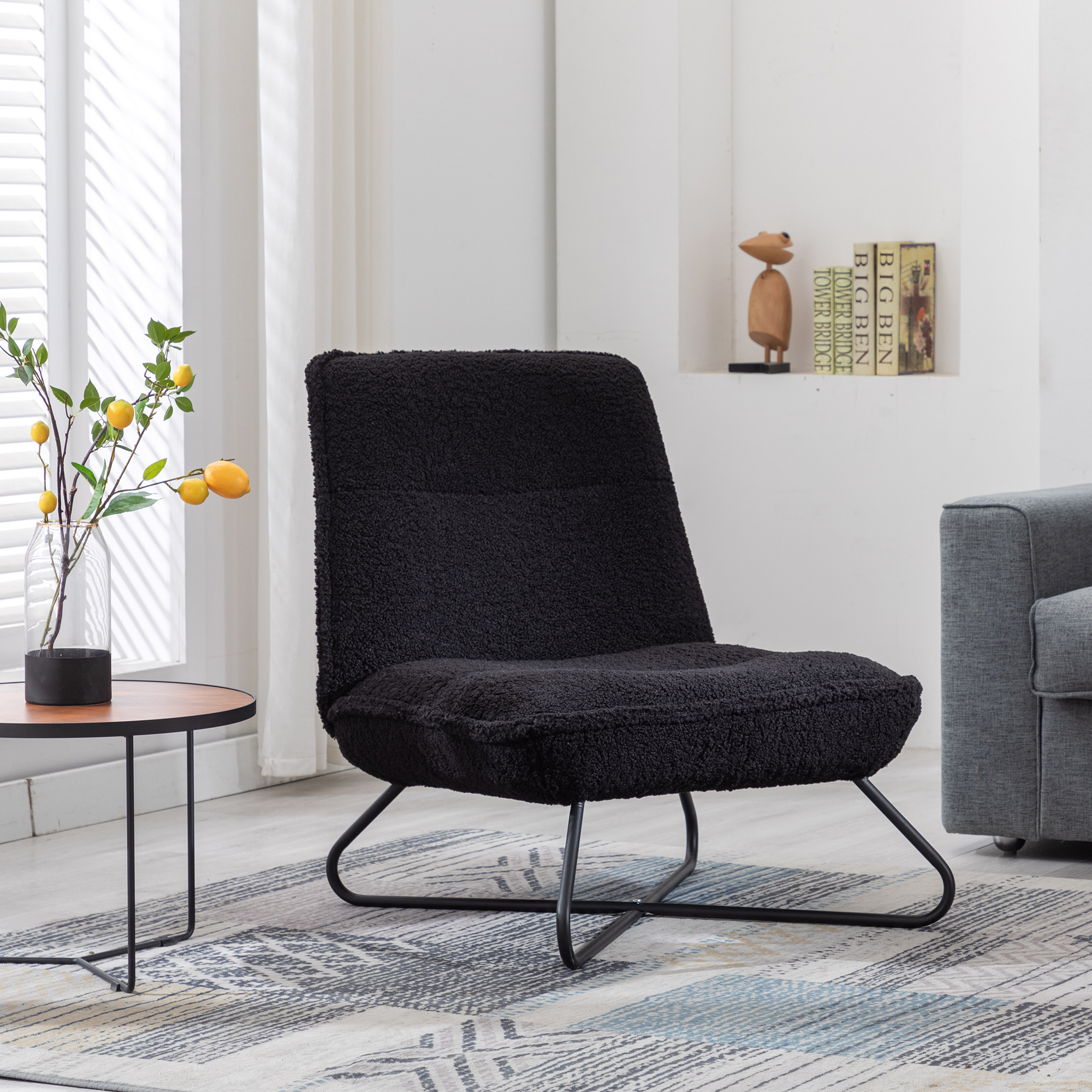 Modern Teddy Fabric Accent Armless Chair For Living room Indoor,Black-CASAINC