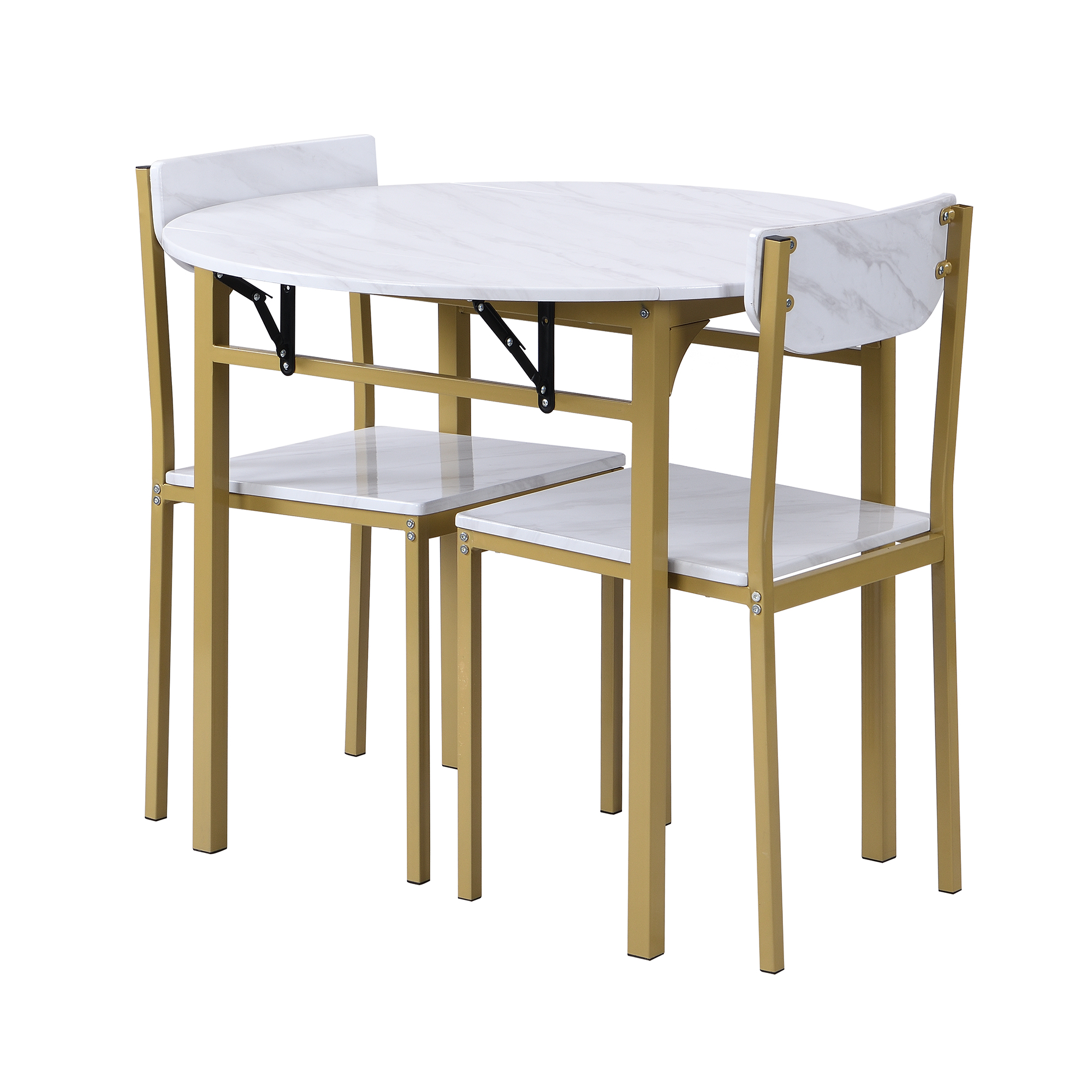 Modern 3-Piece Round Dining Table Set with Drop Leaf and 2 Chairs for Small Places,Golden Frame+Faux White Granite Finish