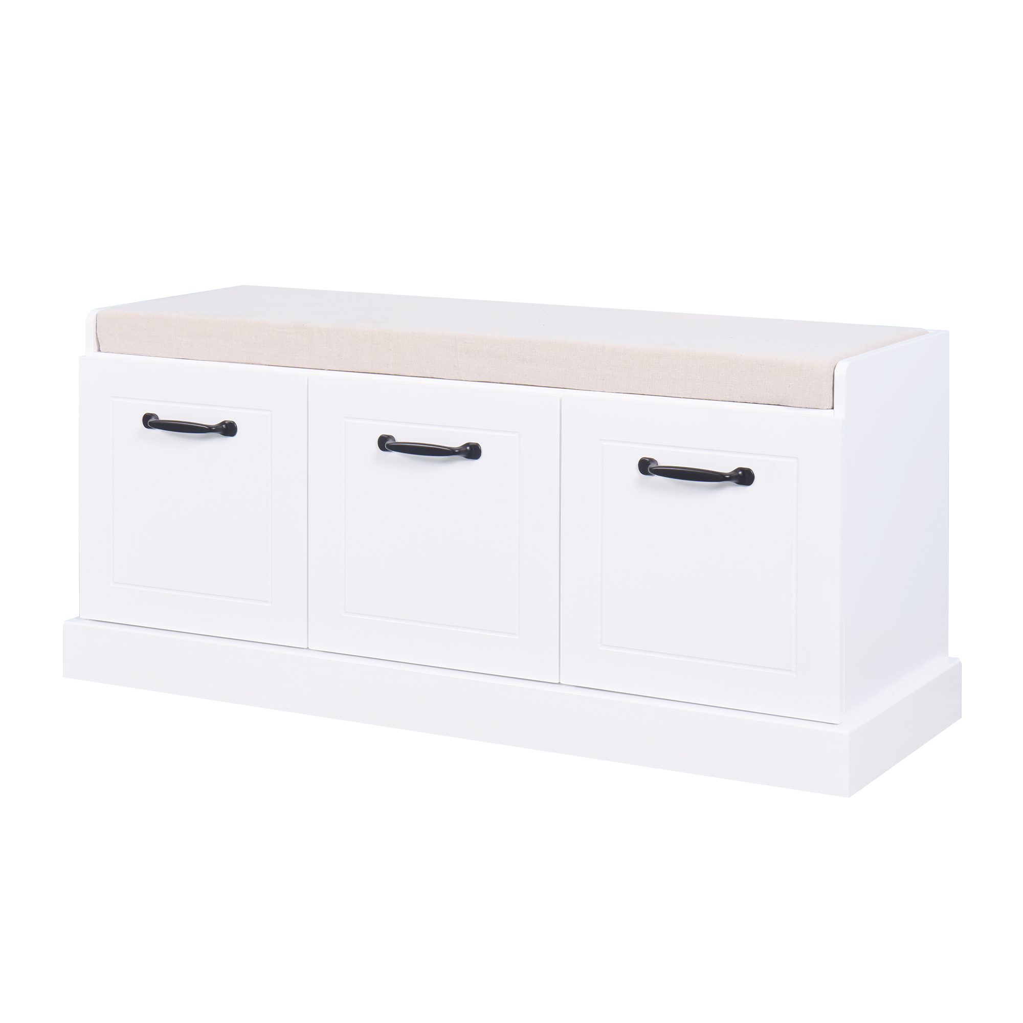 Wooden Entryway Shoe Cabinet Living Room Storage Bench with White Cushion
