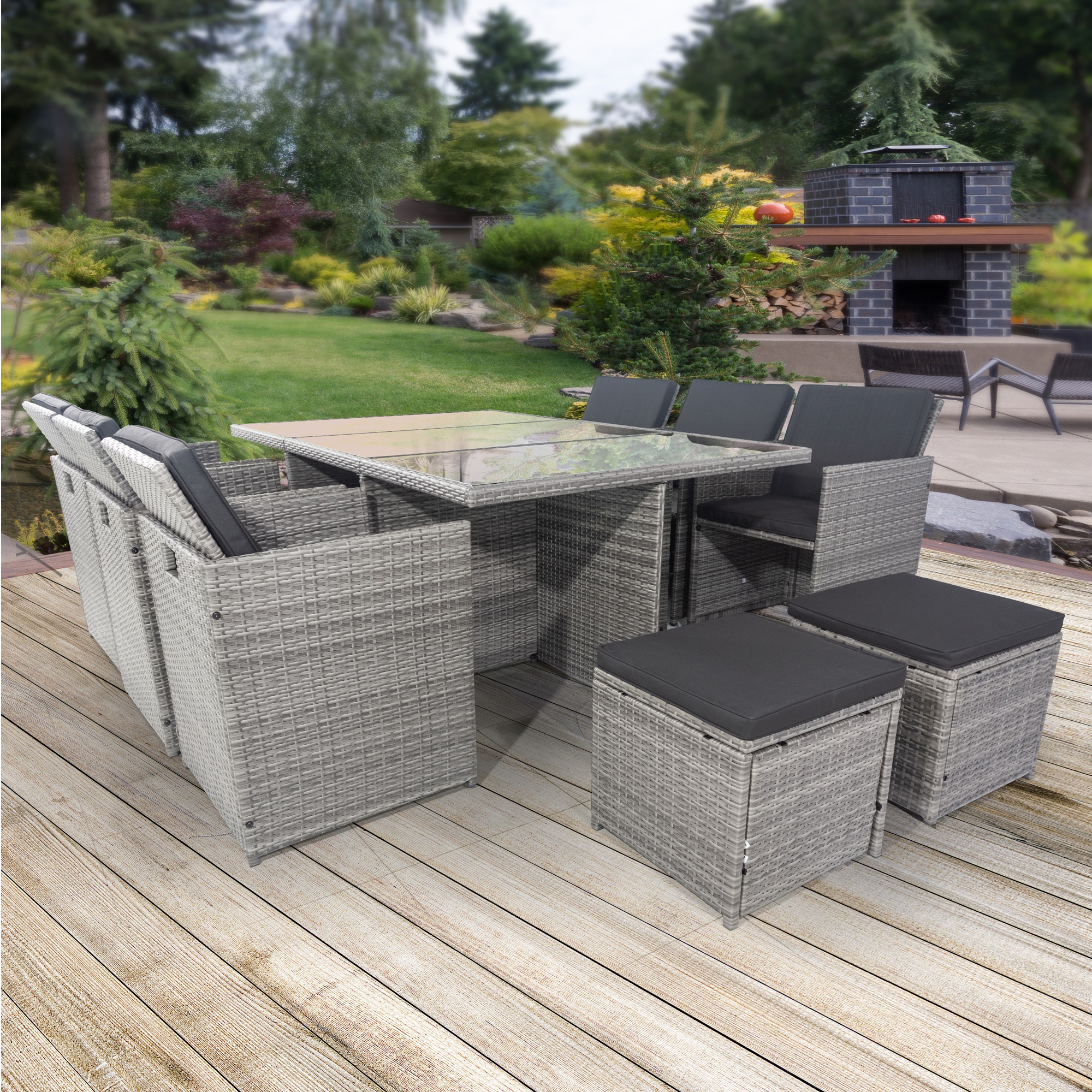 11 Pieces Patio Dining Sets Outdoor Space Saving Rattan Chairs with Glass Table Patio Furniture Sets Cushioned Seating and Back Sectional Conversation Set Grey