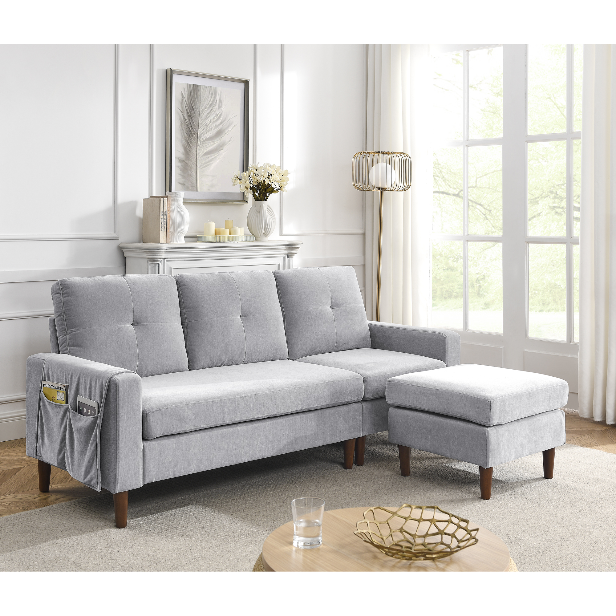 80” Convertible Sectional Sofa Couch, 3 Seats L-shape Sofa with Removable Cushions and Pocket, Rubber Wood Legs, Light Grey Chenille-CASAINC