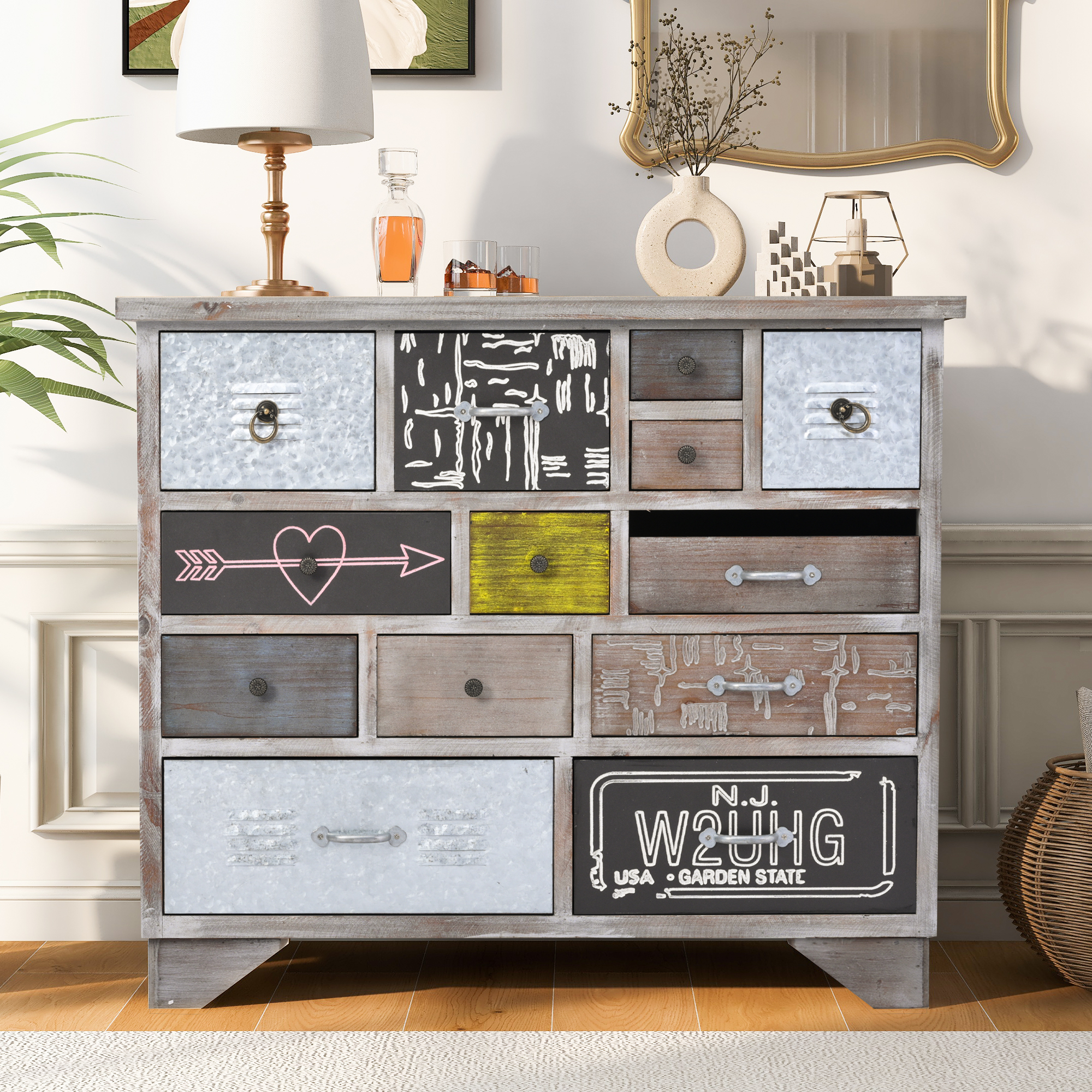 U_Style Accent Storage Cabinet with 13 Drawers, Modern Decorative Cabinet with Wood Frame and Colorful Pattern for Entryway, Living Room, Bedroom