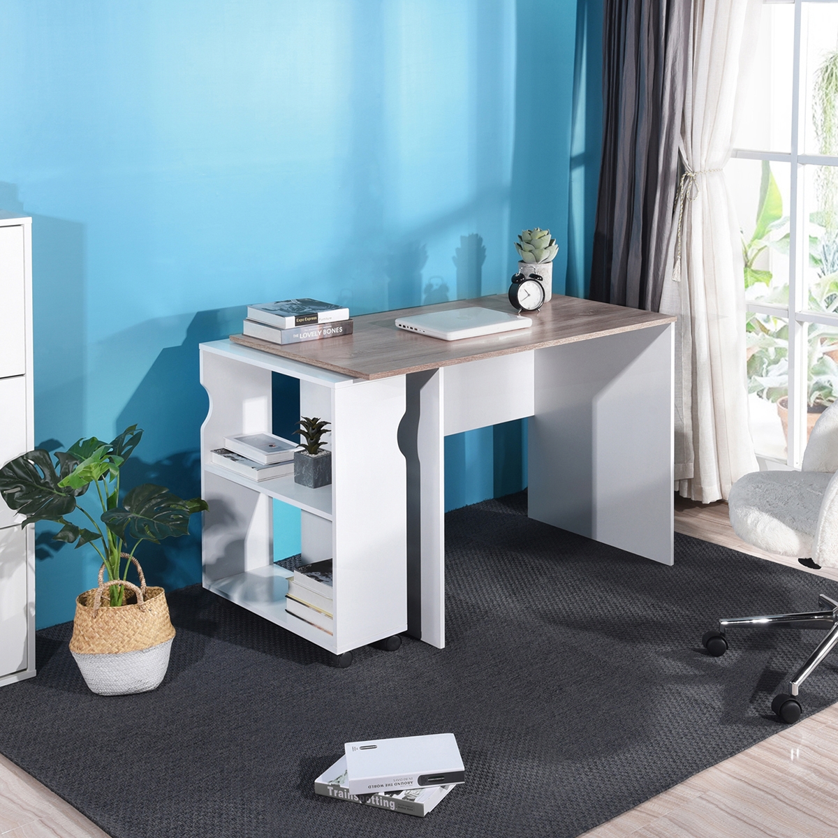 47.4" L Computer Desk with movable bookcase, oak & white-CASAINC