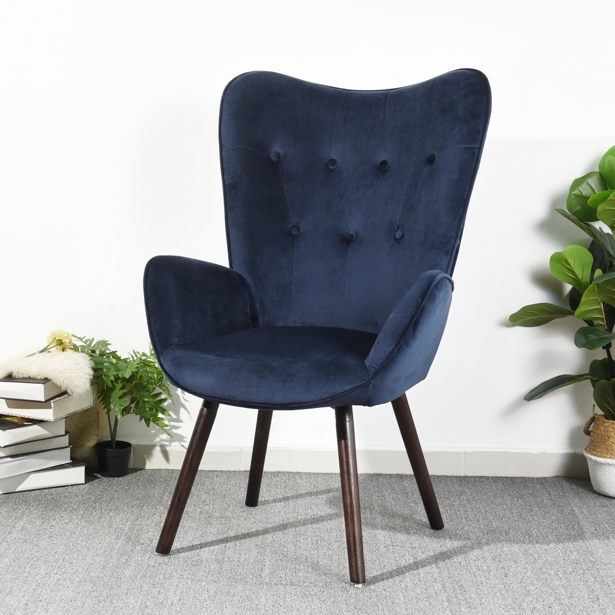 Modern Wingback Accent Armchair Living Room Tufted Velvet Upholstery, DARK BLUE