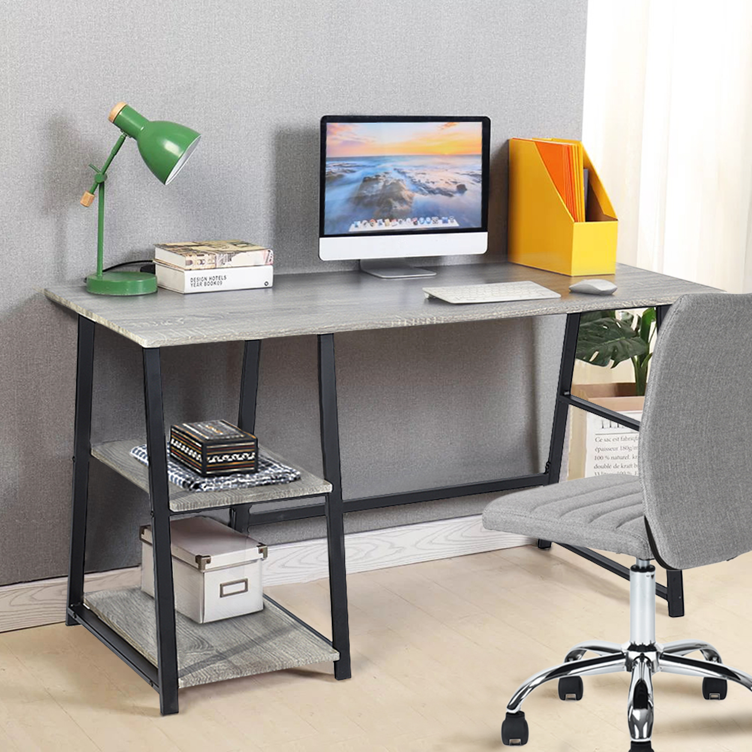 47.4"W X 19.7"D X 28.9"H Wooden Desk with 2 Storage Racks - GREY & BLACK-CASAINC