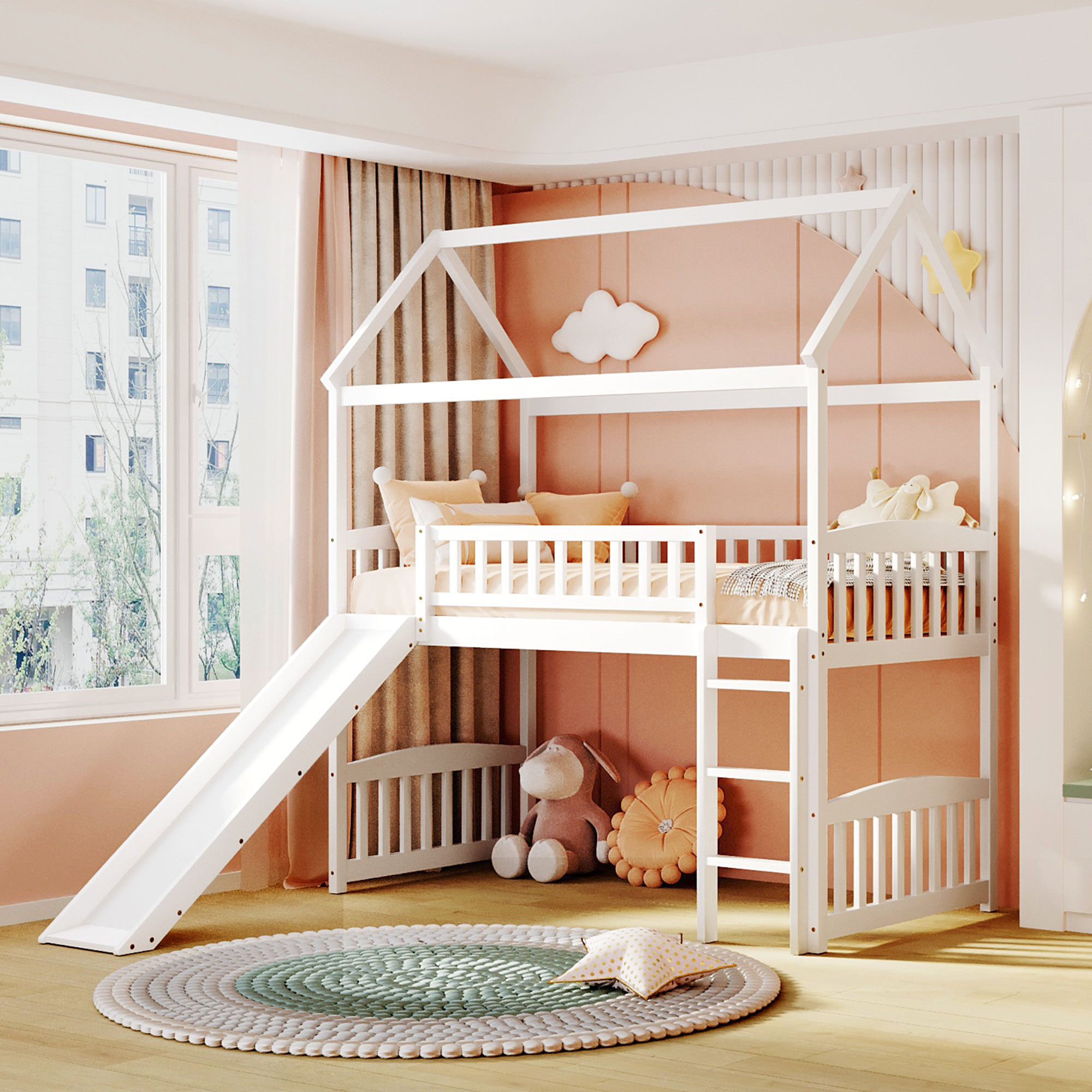 Twin Loft Bed with Slide, House Bed with Slide White