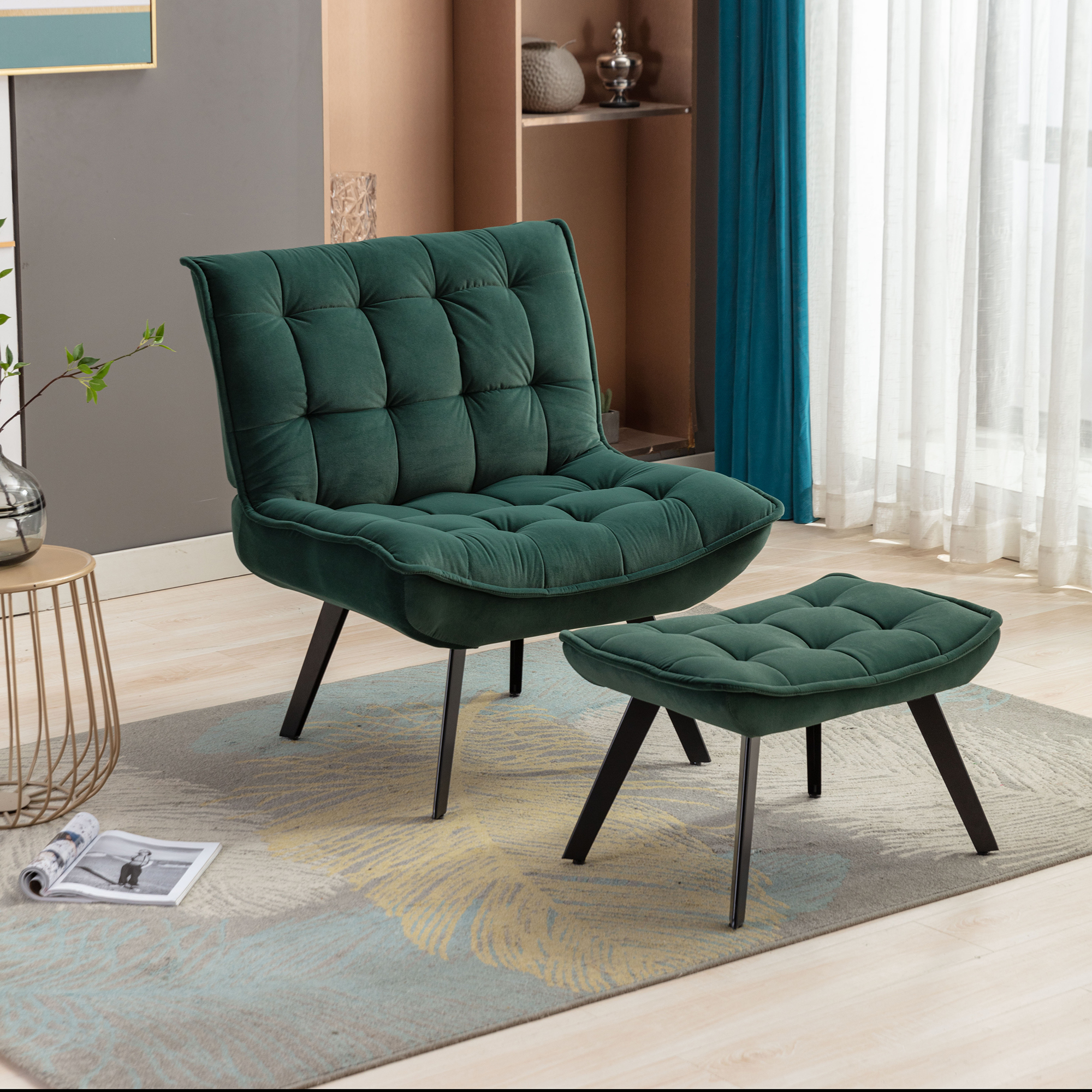 Modern Soft Velvet Fabric Material Large Width Accent Chair Leisure Chair Armchair TV Chair Bedroom Chair With Ottoman Black Legs For Indoor Home And Living Room,Dark Green-CASAINC