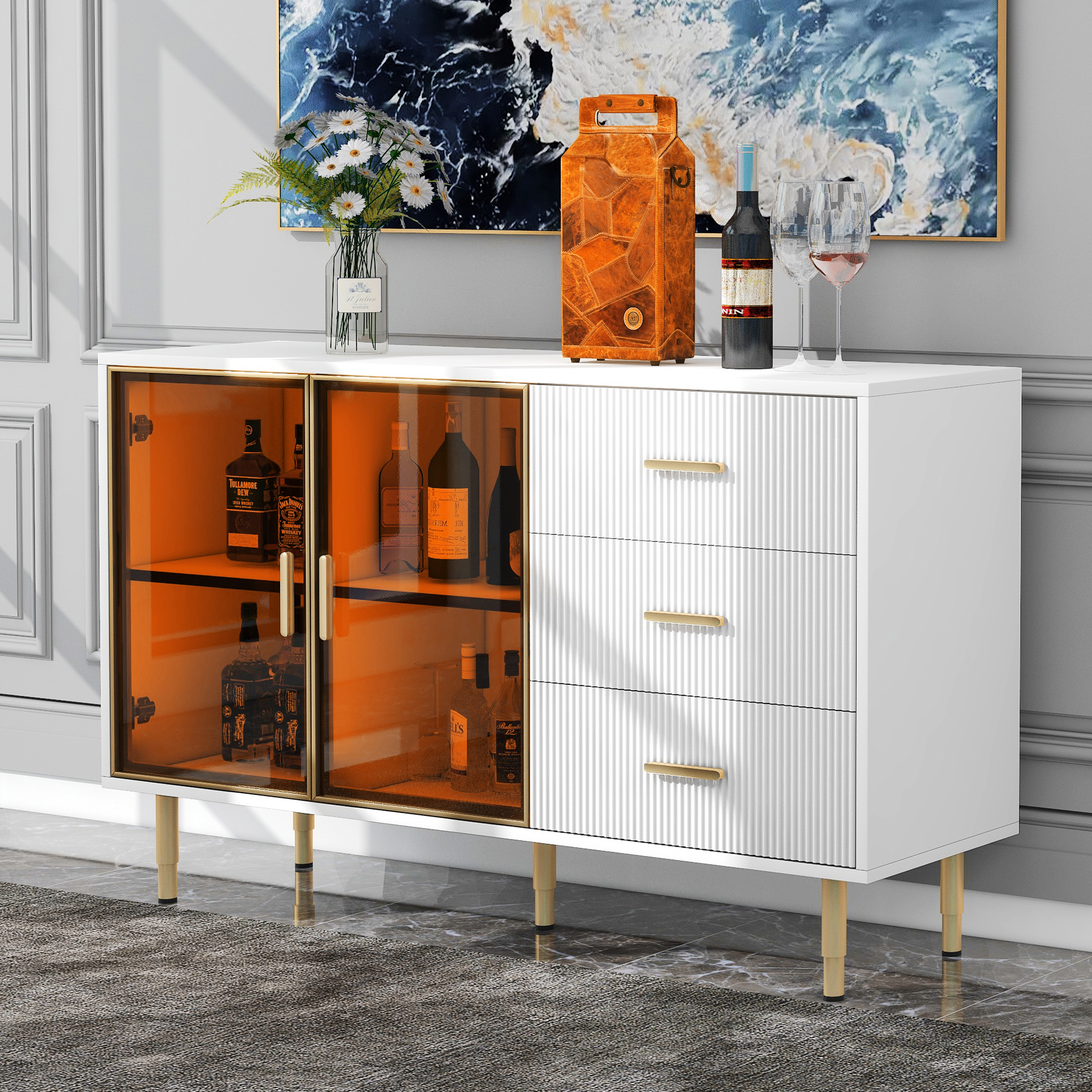 TREXM Modern Sideboard MDF Buffet Cabinet Marble Sticker Tabletop and Amber-yellow Tempered Glass Doors with Gold Metal Legs & Handles (White)