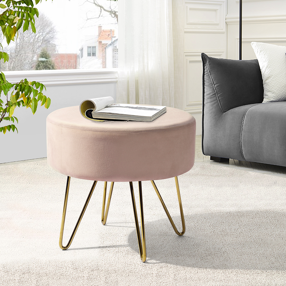 17.7" Decorative Round Shaped Ottoman with Metal Legs - Pink and Gold
