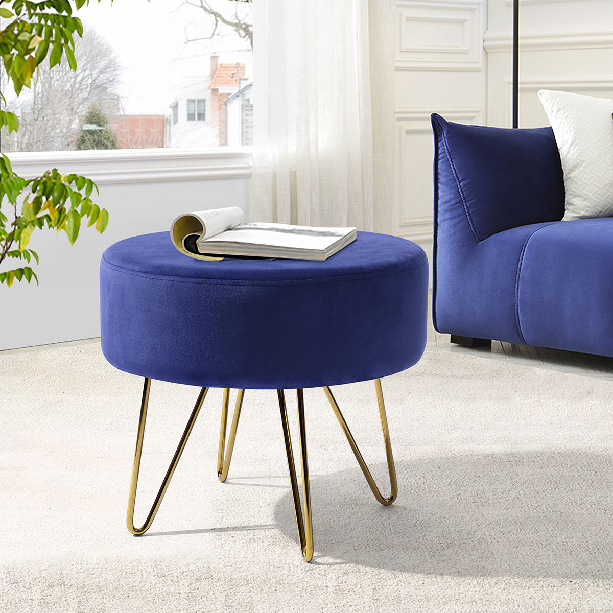 17.7"  Decorative Round Shaped Ottoman with Metal Legs - Navy Blue and Gold