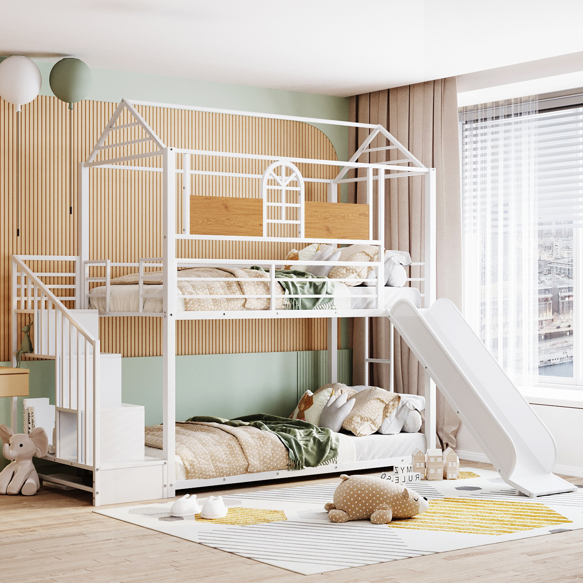 Twin Over Twin Metal Bunk Bed ,Metal Housebed with Slide and Storage Stair,White with White Slide