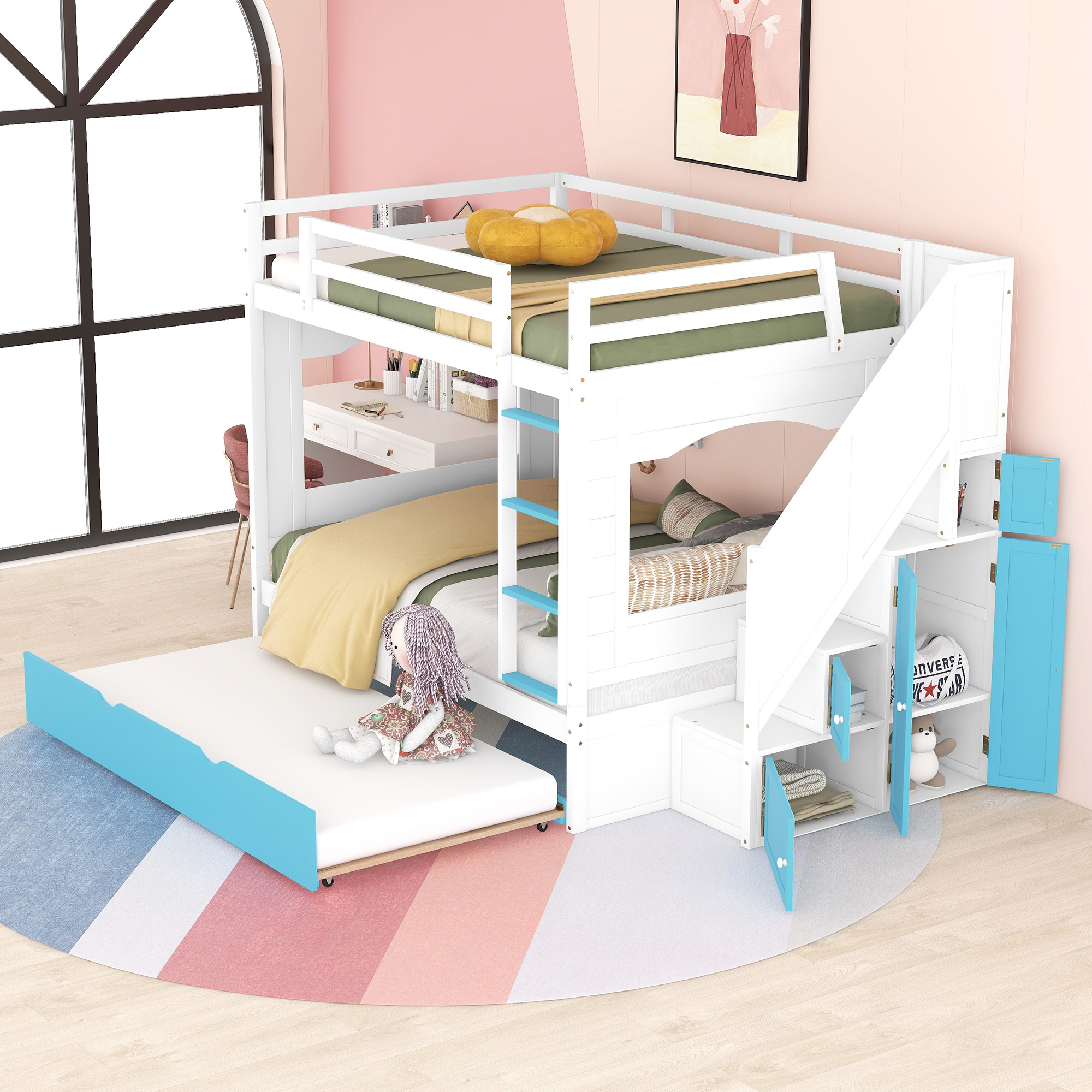 Full Over Full Bunk Bed with Trundle ,Stairs,Ladders Solid Wood Bunk bed with Storage Cabinet White + Blue