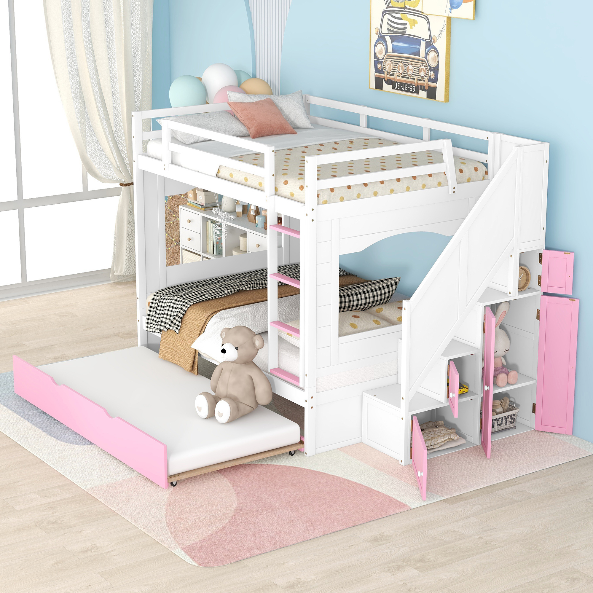 Full Over Full Bunk Bed with Trundle ,Stairs,Ladders Solid Wood Bunk bed with Storage Cabinet （White + Pink）-CASAINC