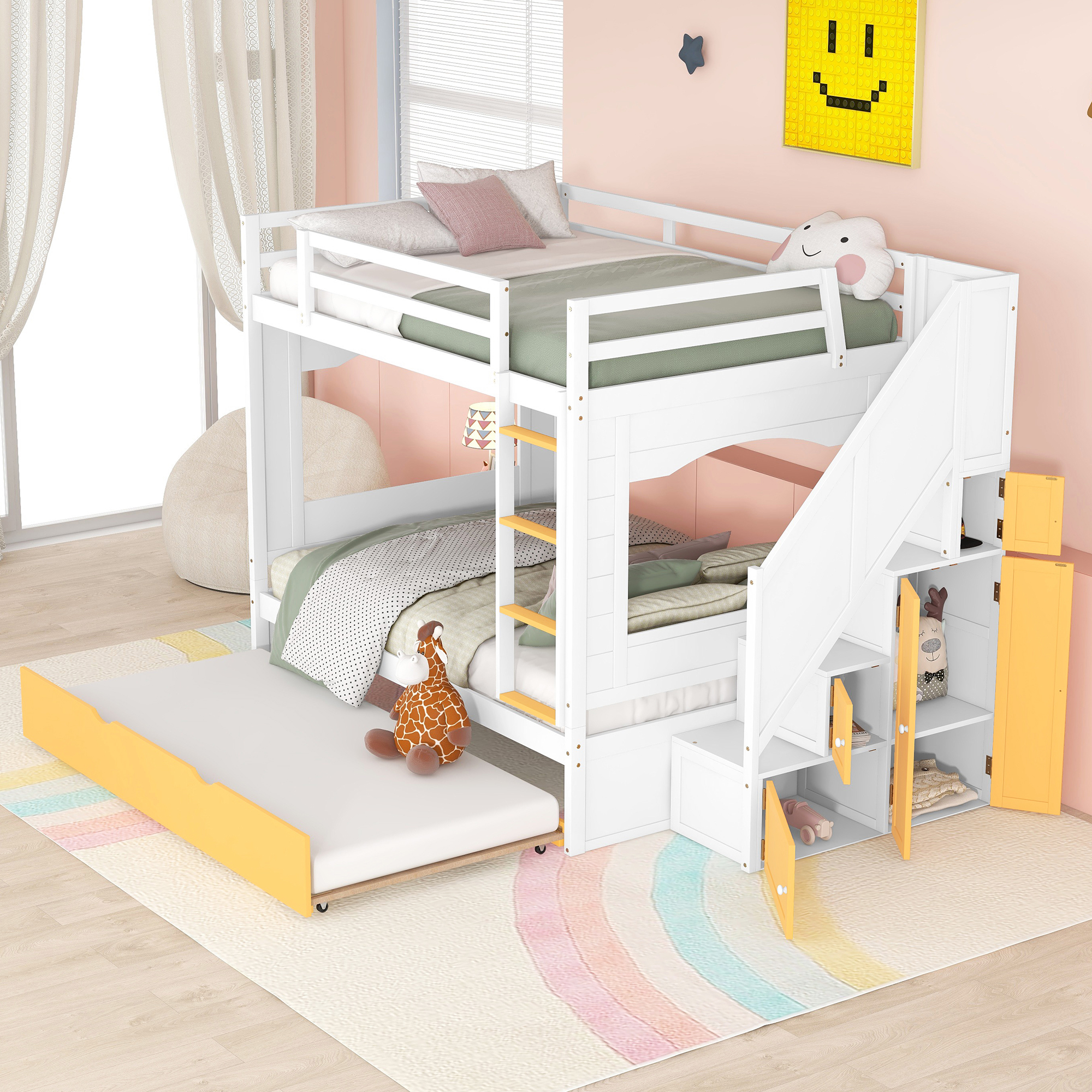 Full Over Full Bunk Bed with Trundle ,Stairs,Ladders Solid Wood Bunk bed with Storage Cabinet White + Yellow