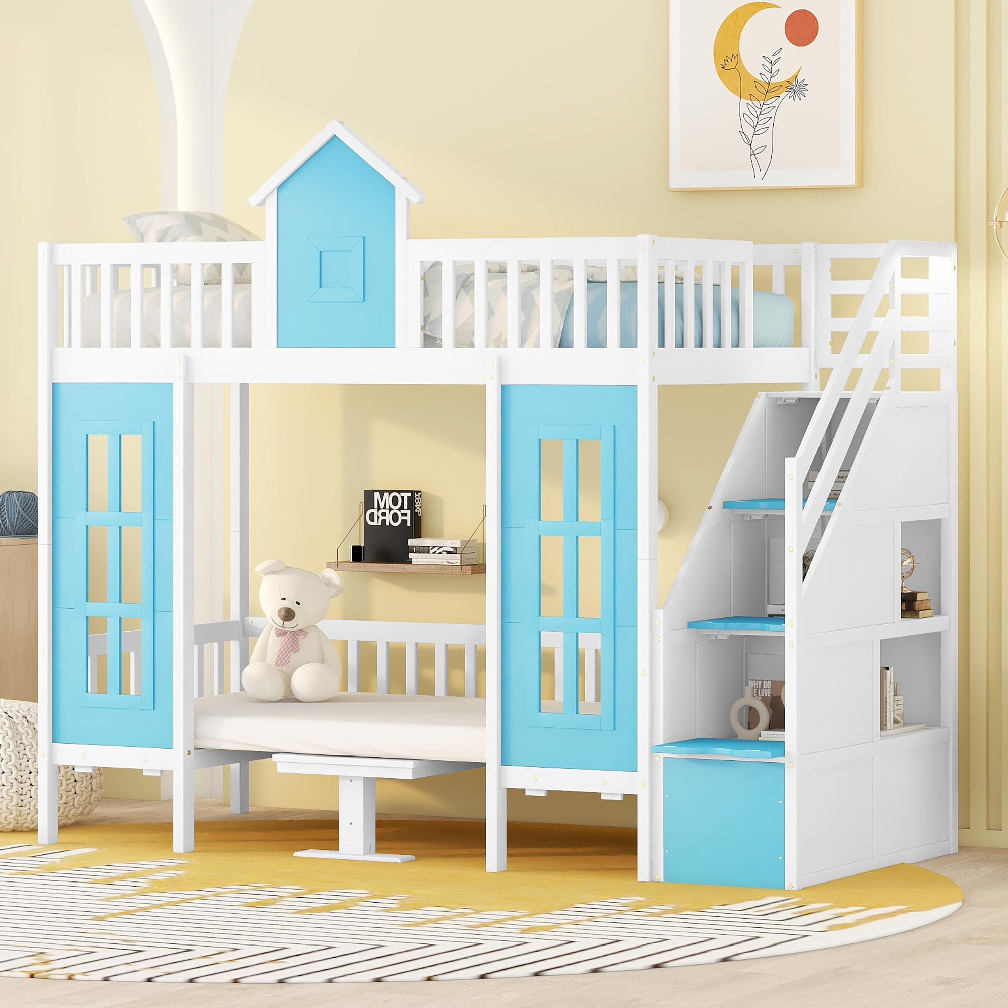 Twin-Over-Twin Bunk Bed with Changeable Table , Bunk Bed  Turn into Upper Bed and Down Desk with 2 Drawers - Blue-CASAINC