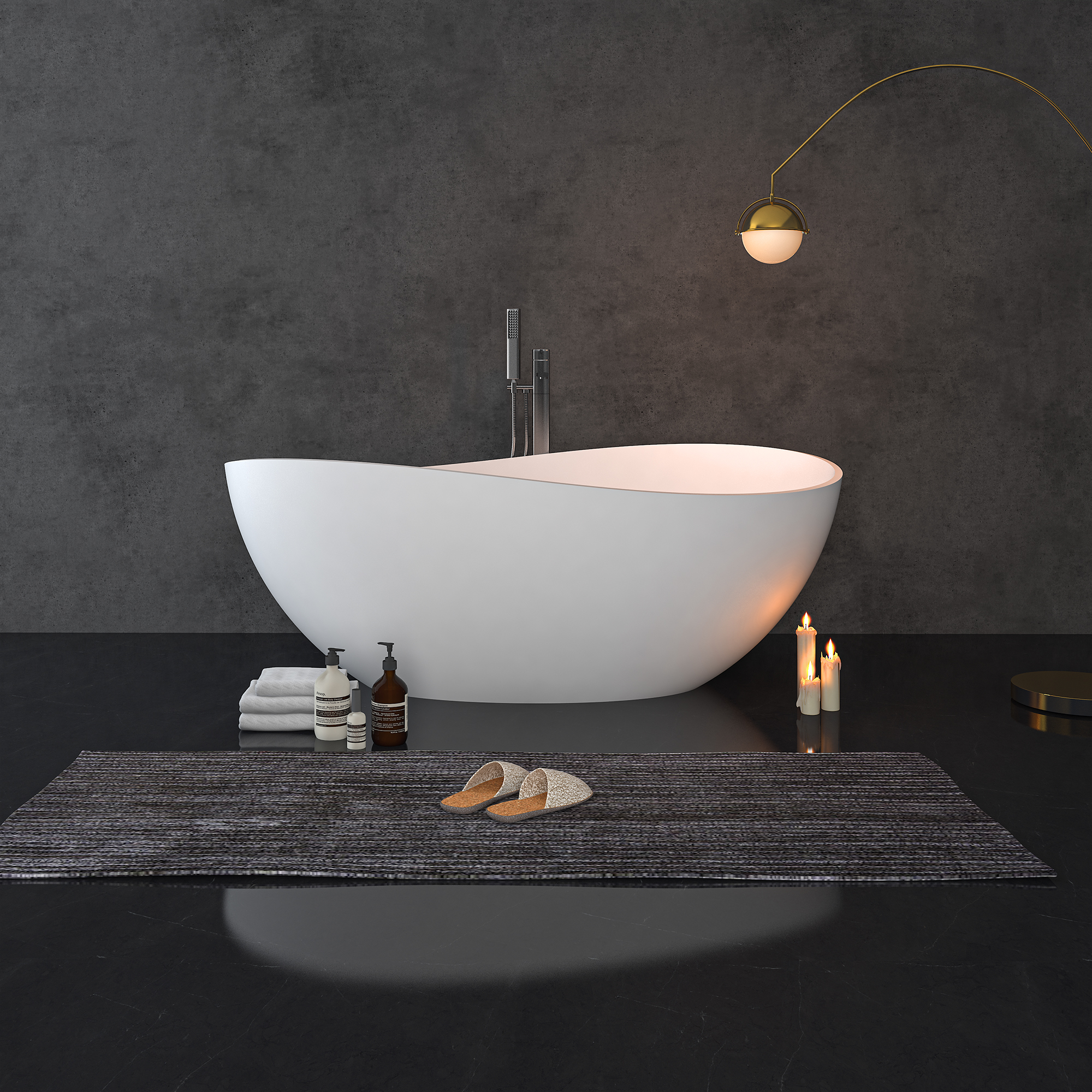 CASAINC 63" Solid Surface Freestanding Bathtub with Overflow and Drain, Matte Black, Matte Grey