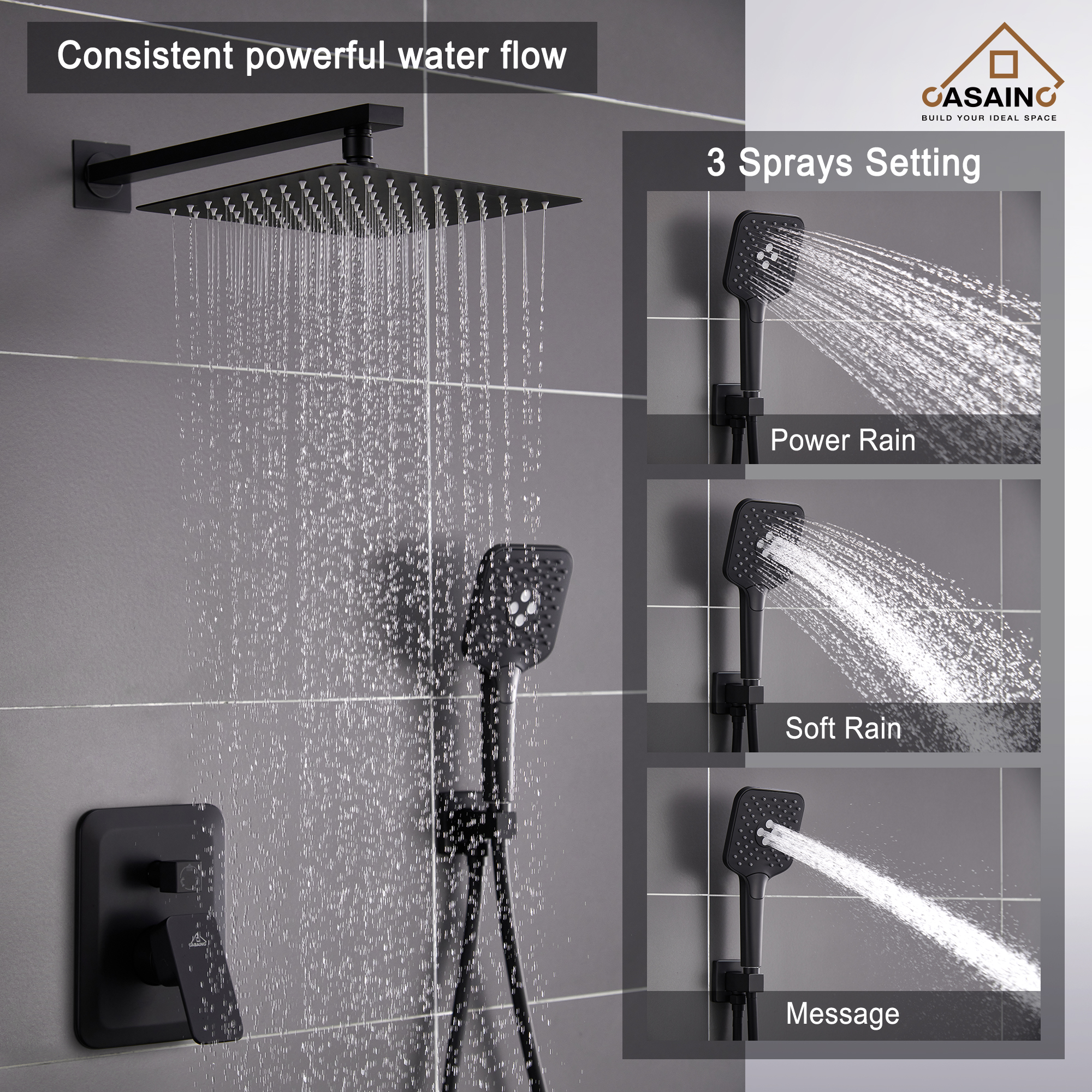 CASAINC 10 inch Square Wall-mounted rain shower faucet with pressure balanced valve