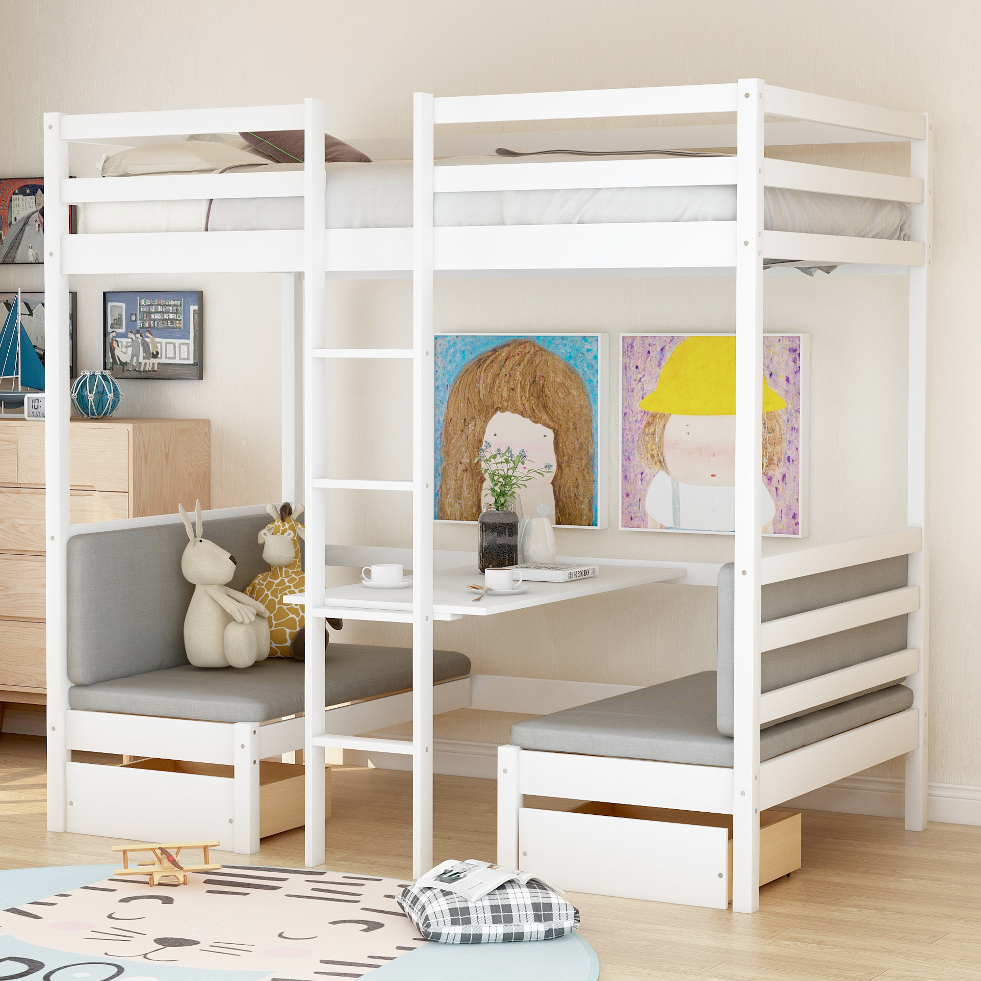 Functional Loft Bed (turn into upper bed and down desk，cushion sets are free),Twin Size,White-CASAINC