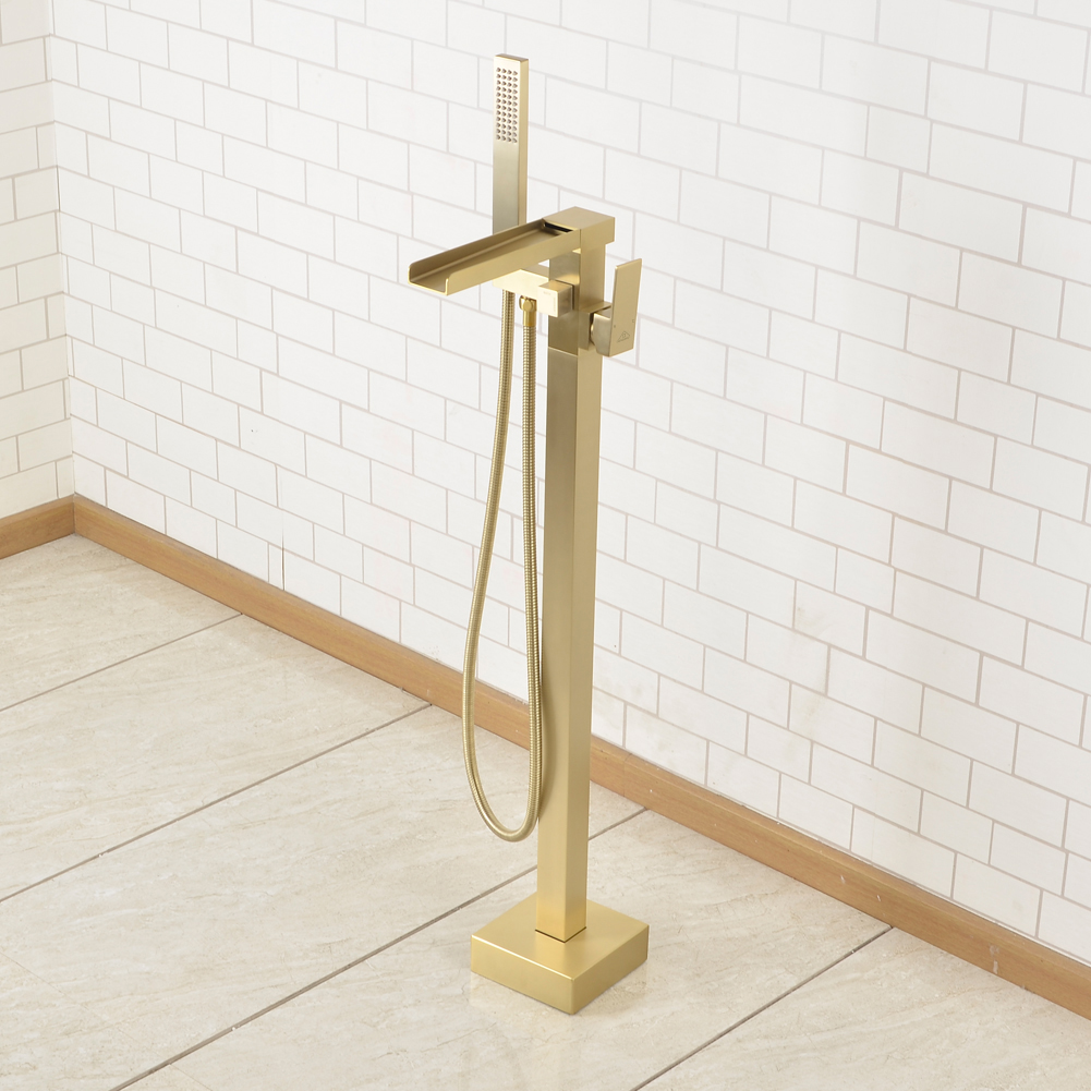 Casainc Freestanding 1-Handle Waterfall Bathtub Faucet with Handheld Shower (Brushed Gold)-CASAINC