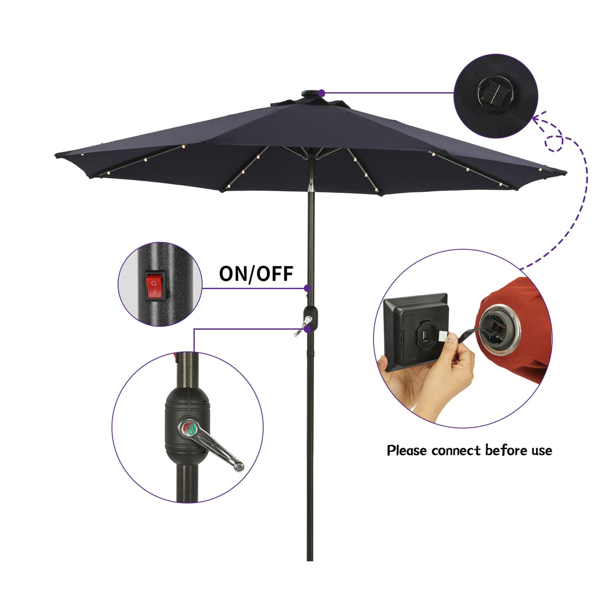 CASAINC 9Ft Patio Umbrella with 32 LED Solar Lights