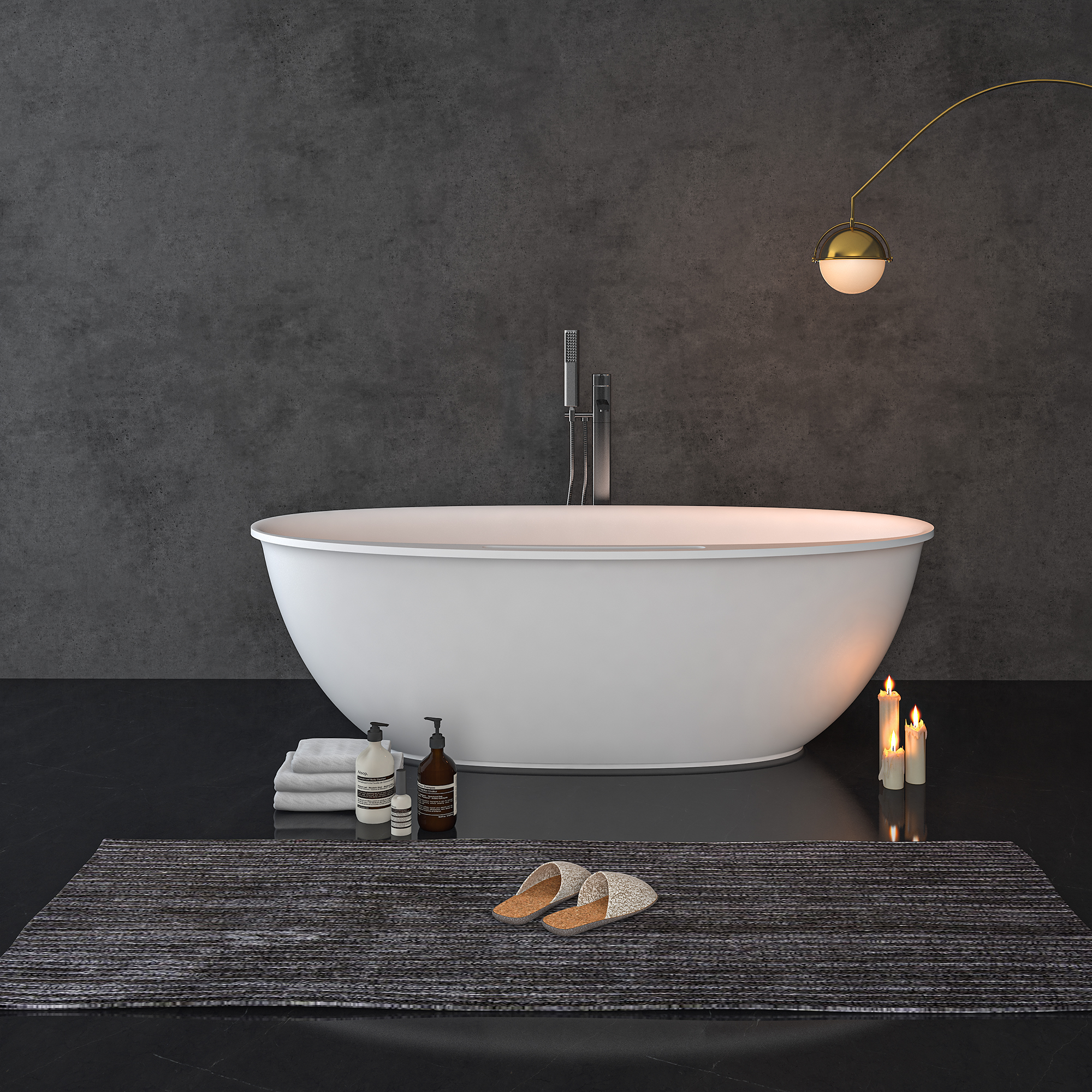 CASAINC 63" Solid Surface Freestanding Bathtub,Oval Shaped Stone Resin Freestanding Tubs with Overflow and  Drain, Matte Black, Matte Grey, Matte White