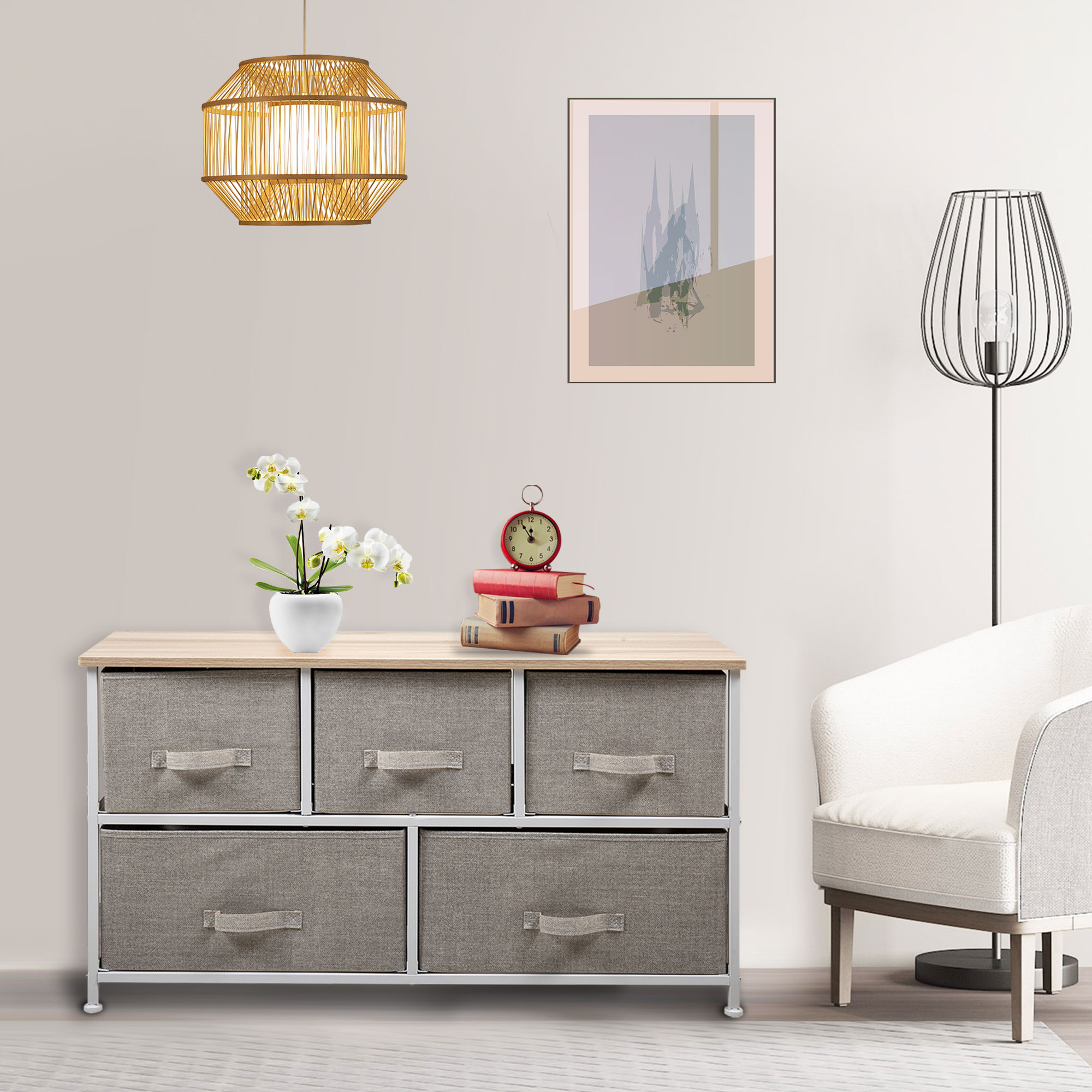 2-Tier Storage Dresser with 5 Non-woven Fabric Drawers for Living Room, Bedroom and Entryway, Natural Wood-CASAINC
