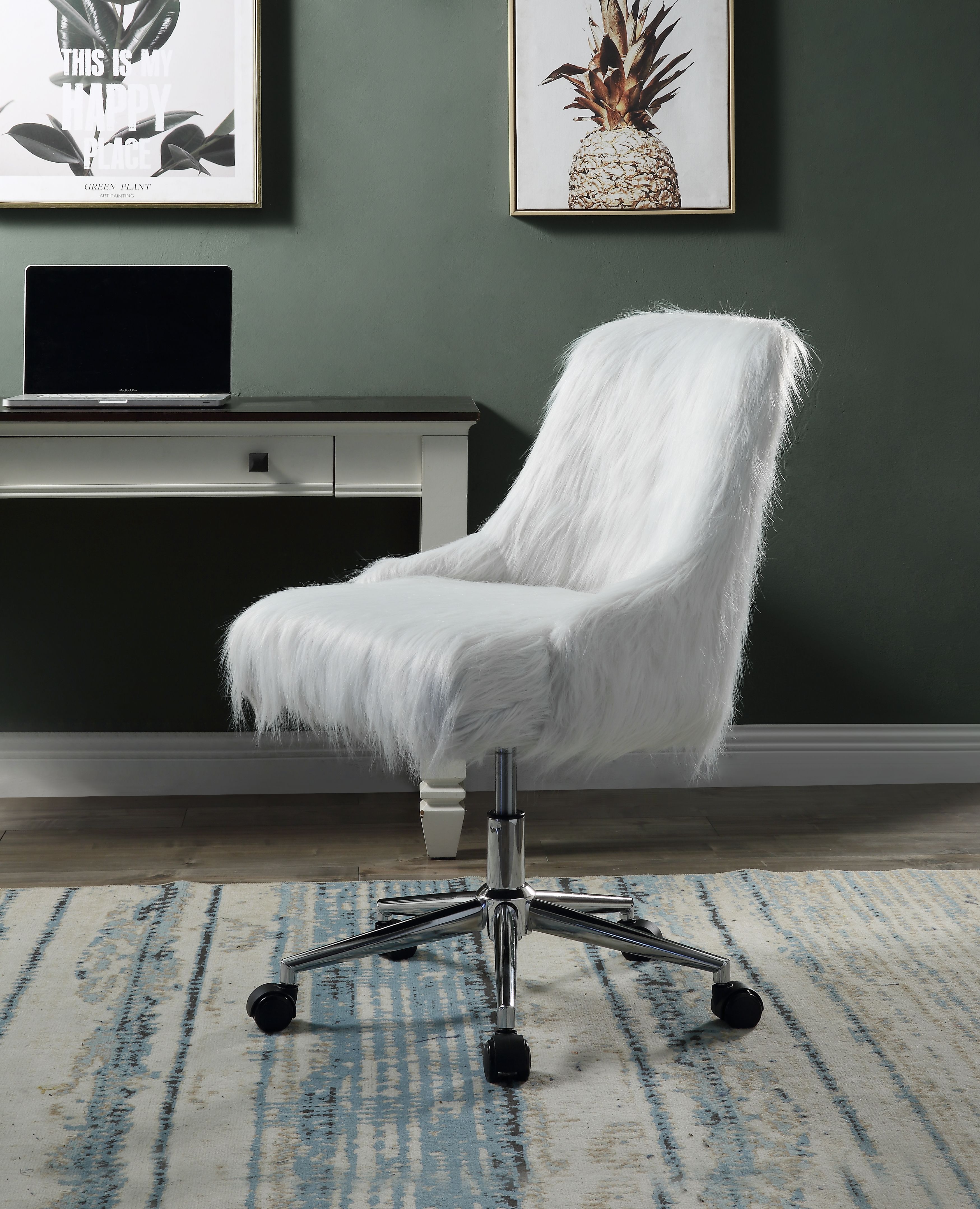 ACME Arundell II Office Chair in White Faux Fur  Chrome Finish-CASAINC