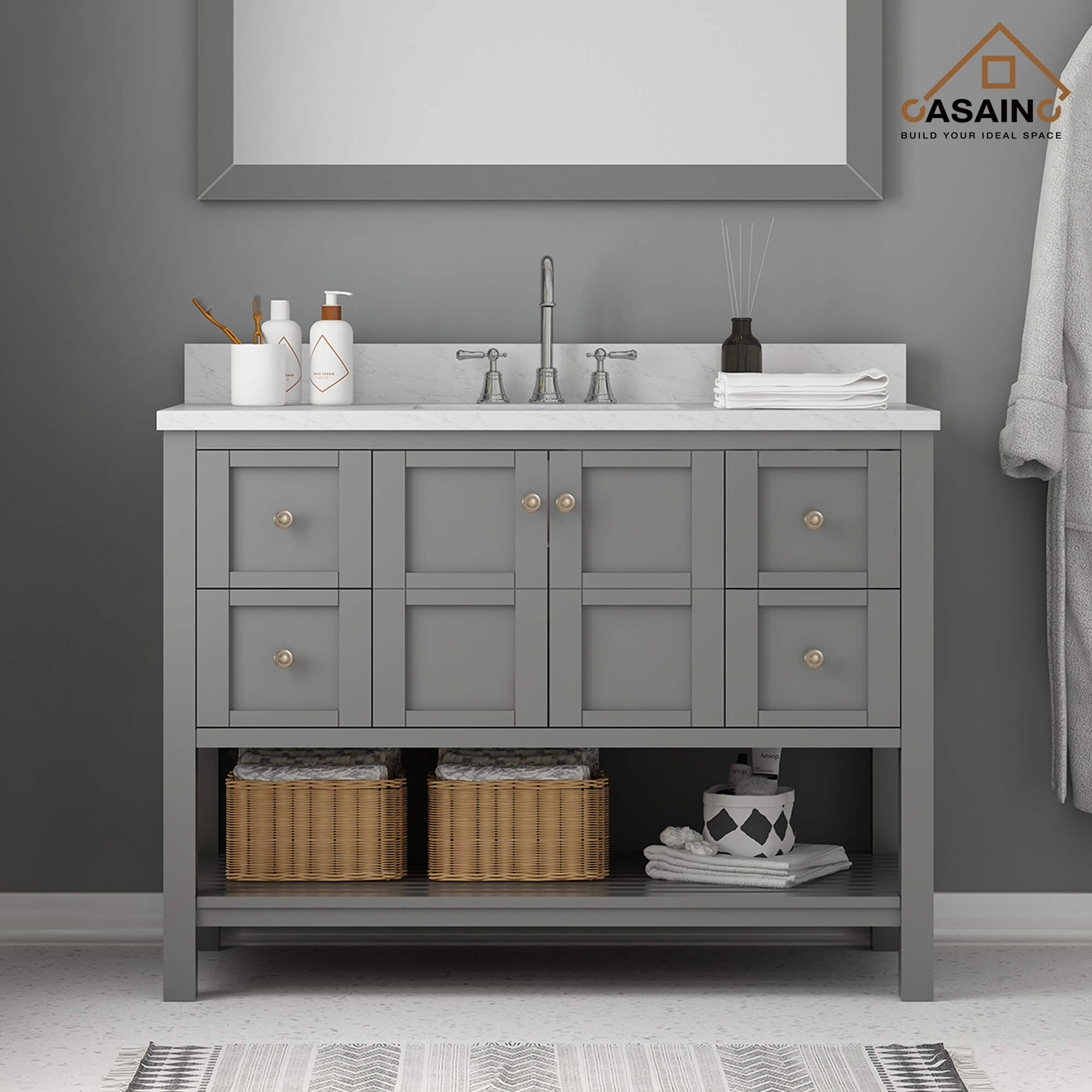 CASAINC 48 x 22 x 35.4 in. Solid Wood Bath Vanity with Carrara White Marble Top and Shelf in Gray/White (No/With Mirror)