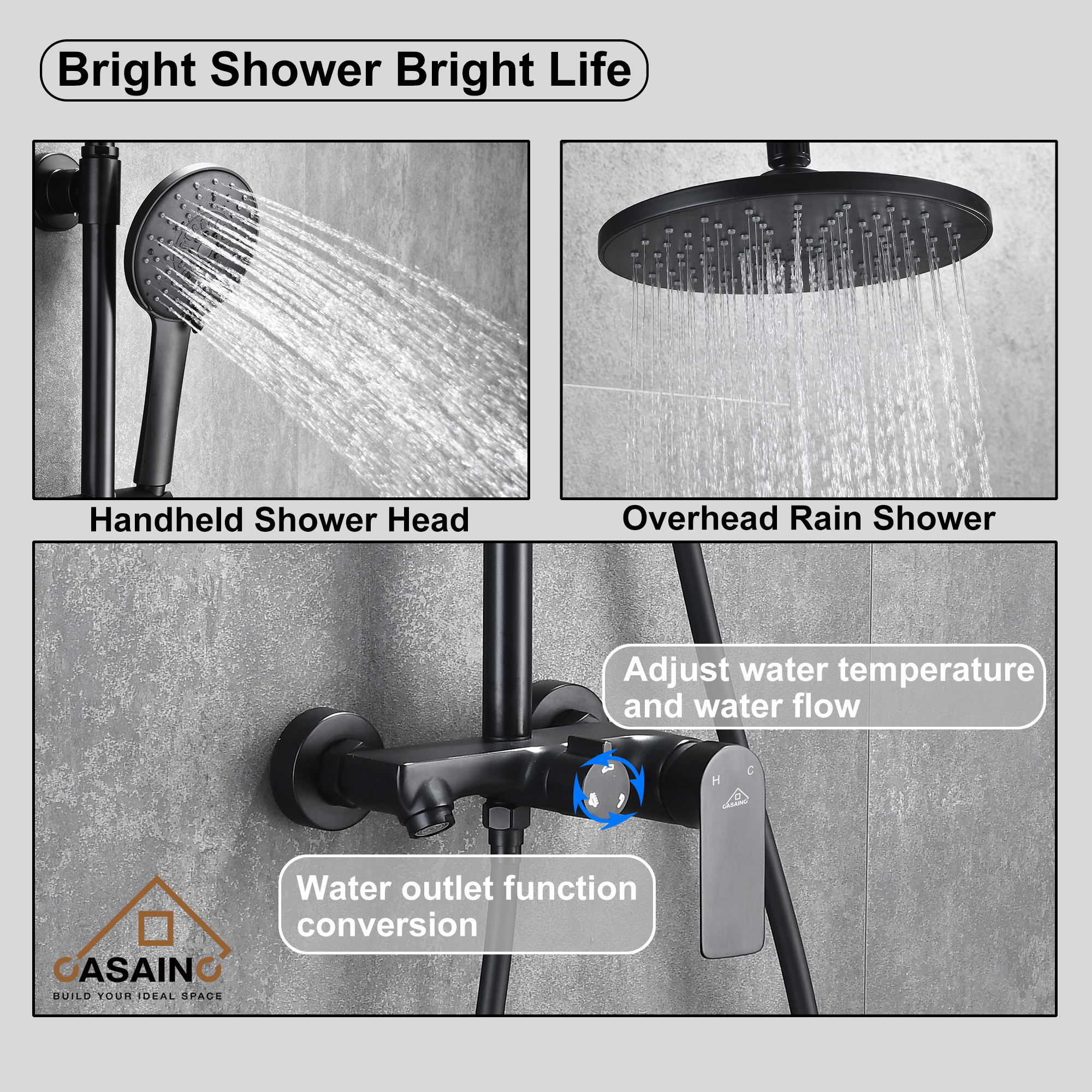 CASAINC 8-in Round spray Shower system with sliding rods in Mattle black
