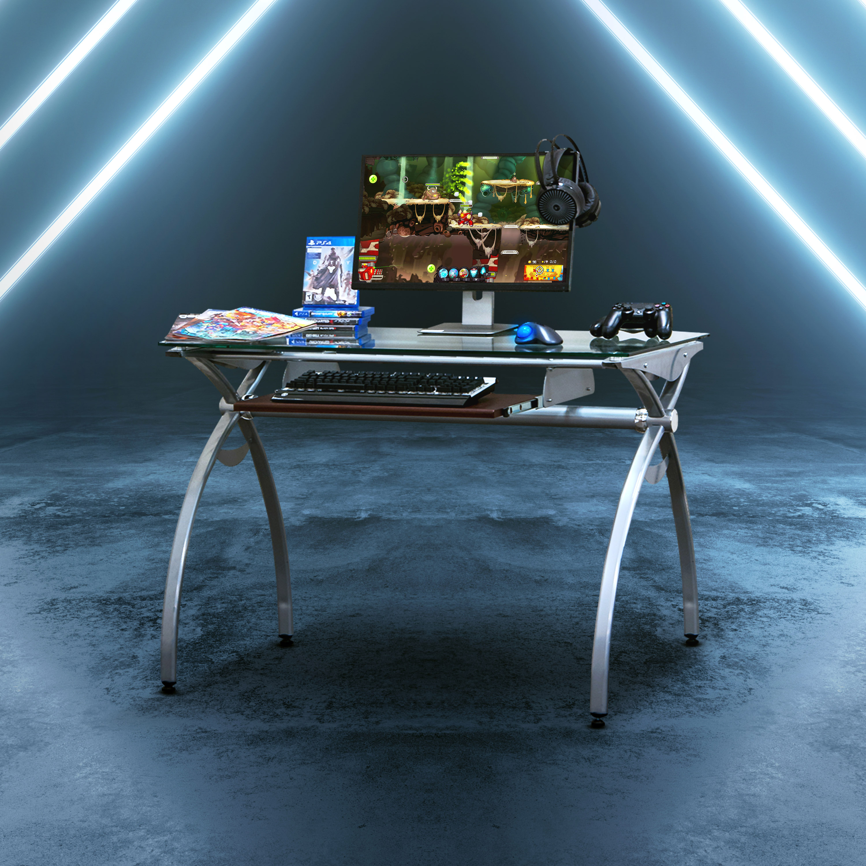 Techni Mobili Contempo Clear Glass Top Computer Desk with Pull Out Keyboard Panel, Clear-CASAINC