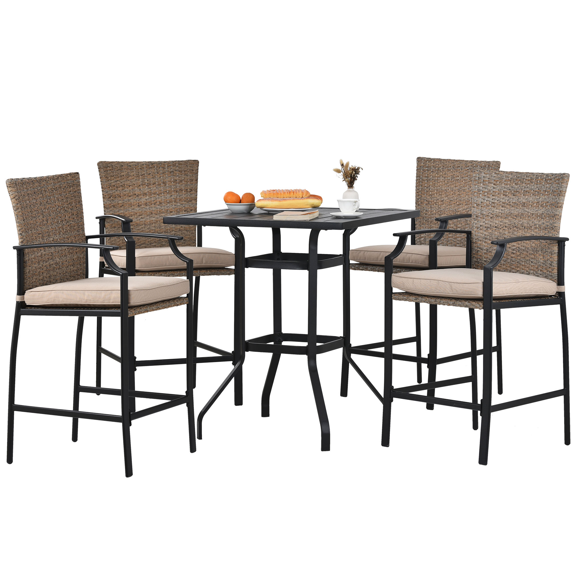 Outdoor Patio 5-Piece PE Rattan Counter Height Dining Table Set with 4 Dining Chairs and Cushions for Backyard, Garden, Poolside, Brown Wicker+Black Frame-CASAINC