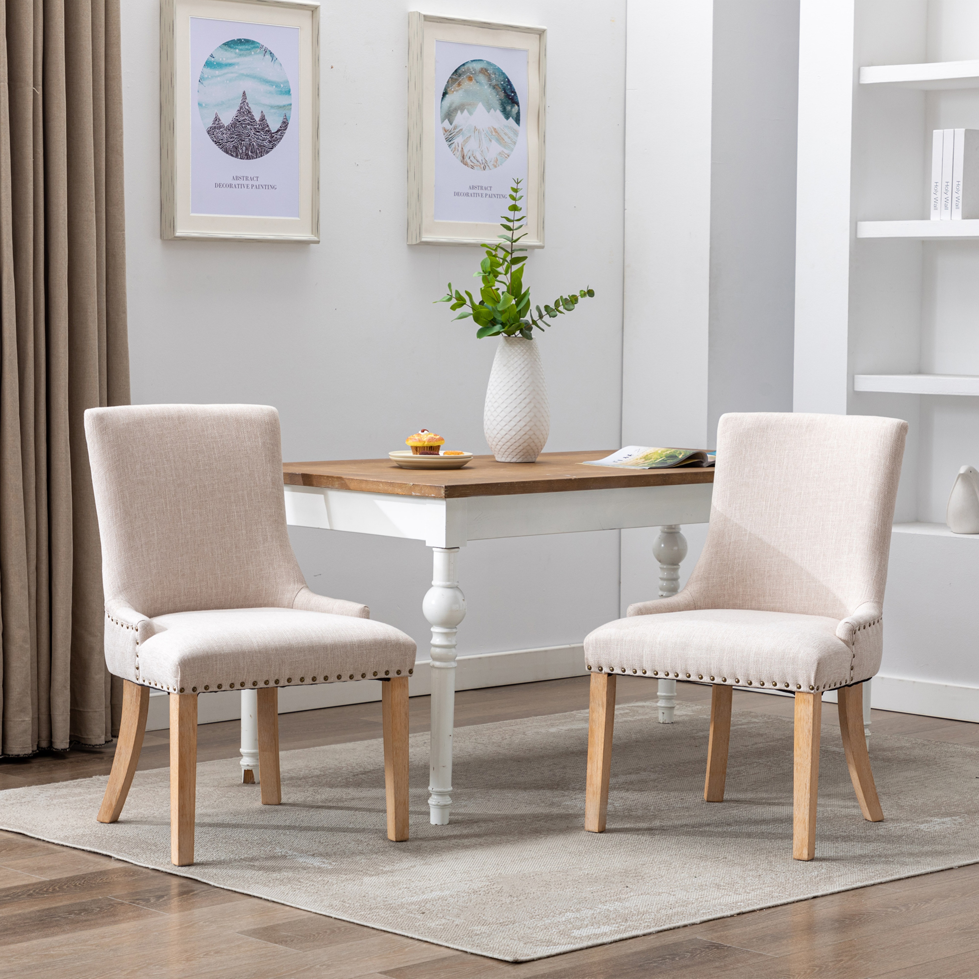 Hengming Set of 2 Fabric Dining Chairs Leisure Padded Chairs with Rubber Wood Legs,Nailed Trim, Beige-CASAINC