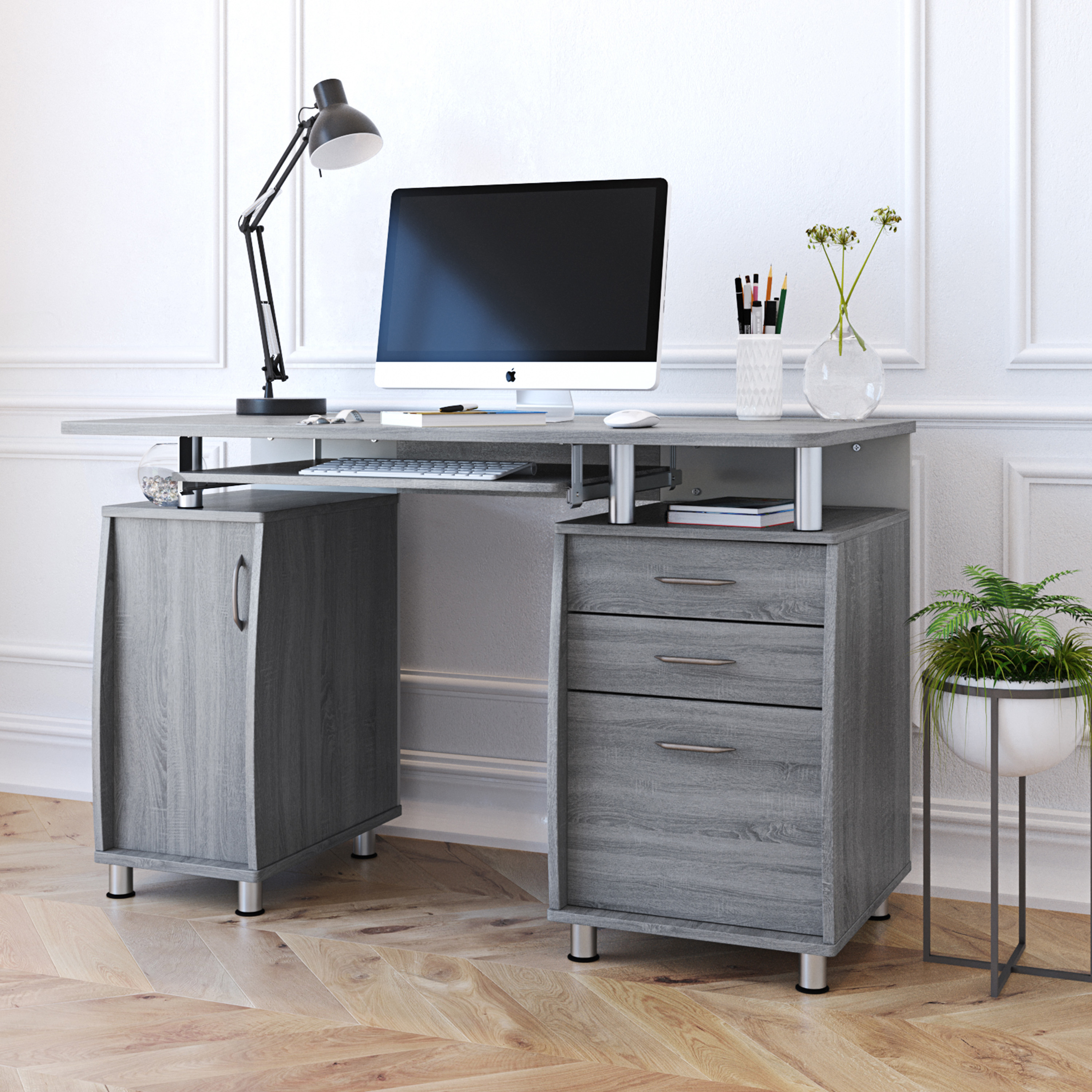 Techni Mobili Complete Workstation Computer Desk with Storage, Grey-CASAINC