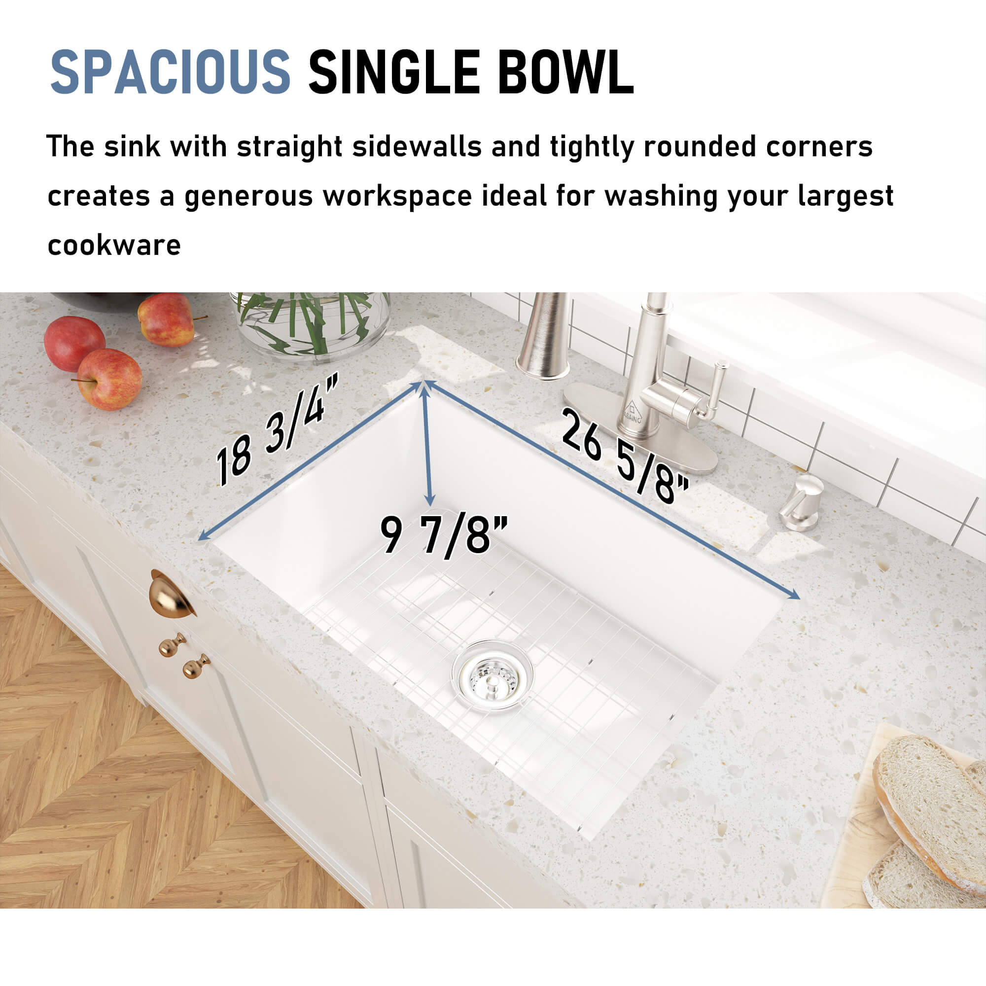 27 in. Undermount Single Bowl Fireclay Kitchen Sink with Grid and Drainer With cUPC Certified, in Glossy White/Matte Black/Matte Gray