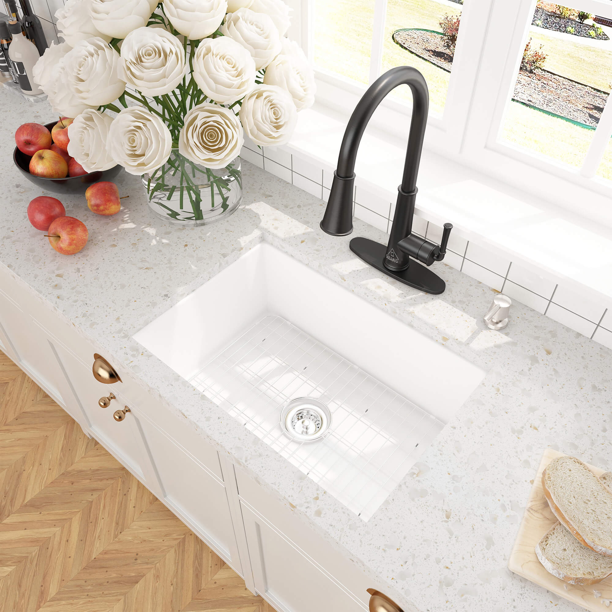 27 in. Undermount Single Bowl Fireclay Kitchen Sink with Grid and Drainer With cUPC Certified, in Glossy White/Matte Black/Matte Gray