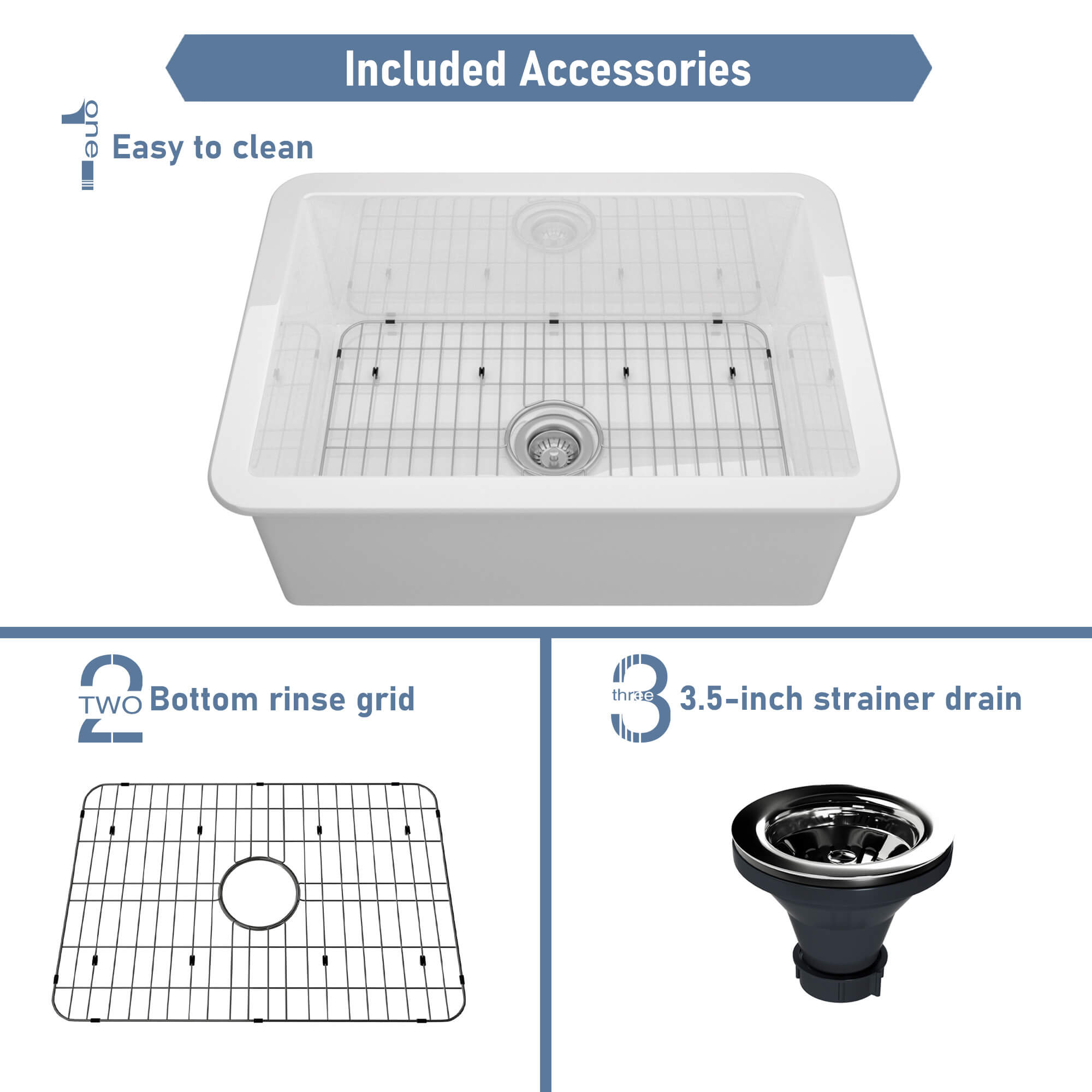 27 in. Undermount Single Bowl Fireclay Kitchen Sink with Grid and Drainer With cUPC Certified, in Glossy White/Matte Black/Matte Gray
