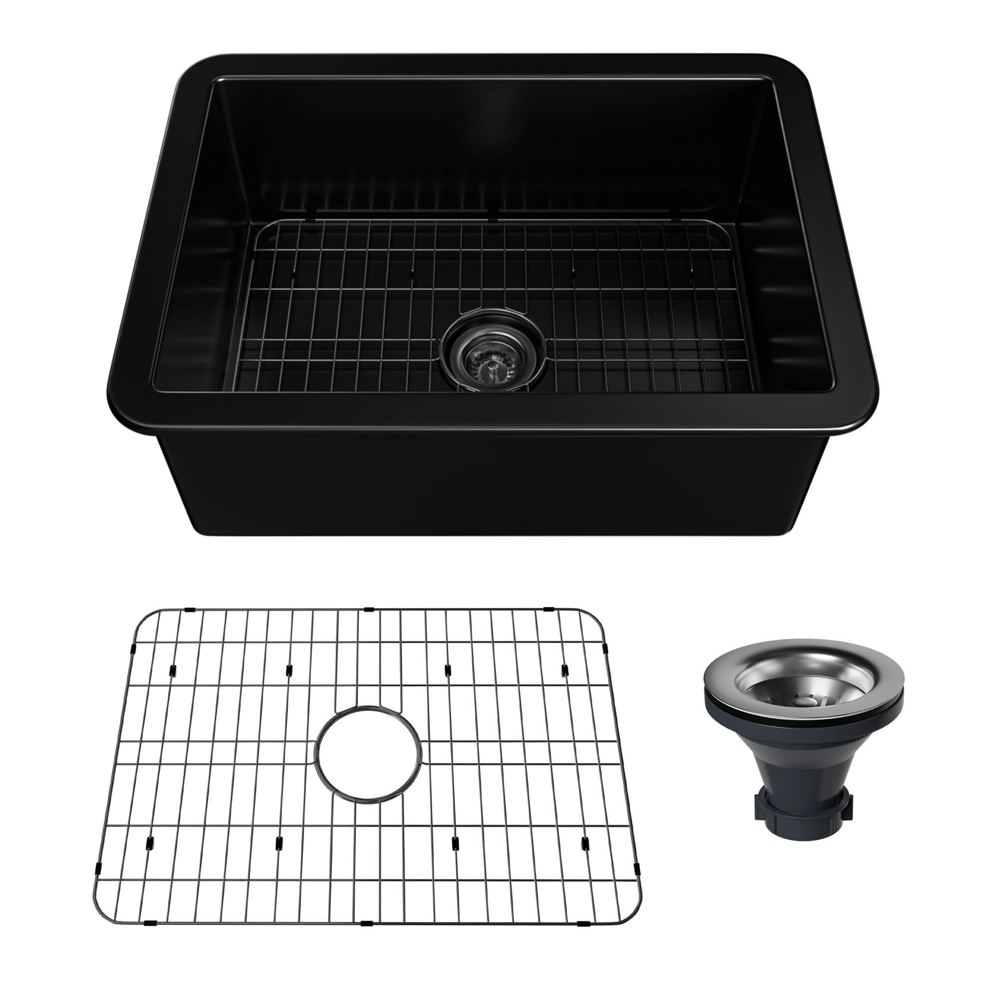 27 in. Undermount Single Bowl Fireclay Kitchen Sink with Grid and Drainer With cUPC Certified, in Glossy White/Matte Black/Matte Gray