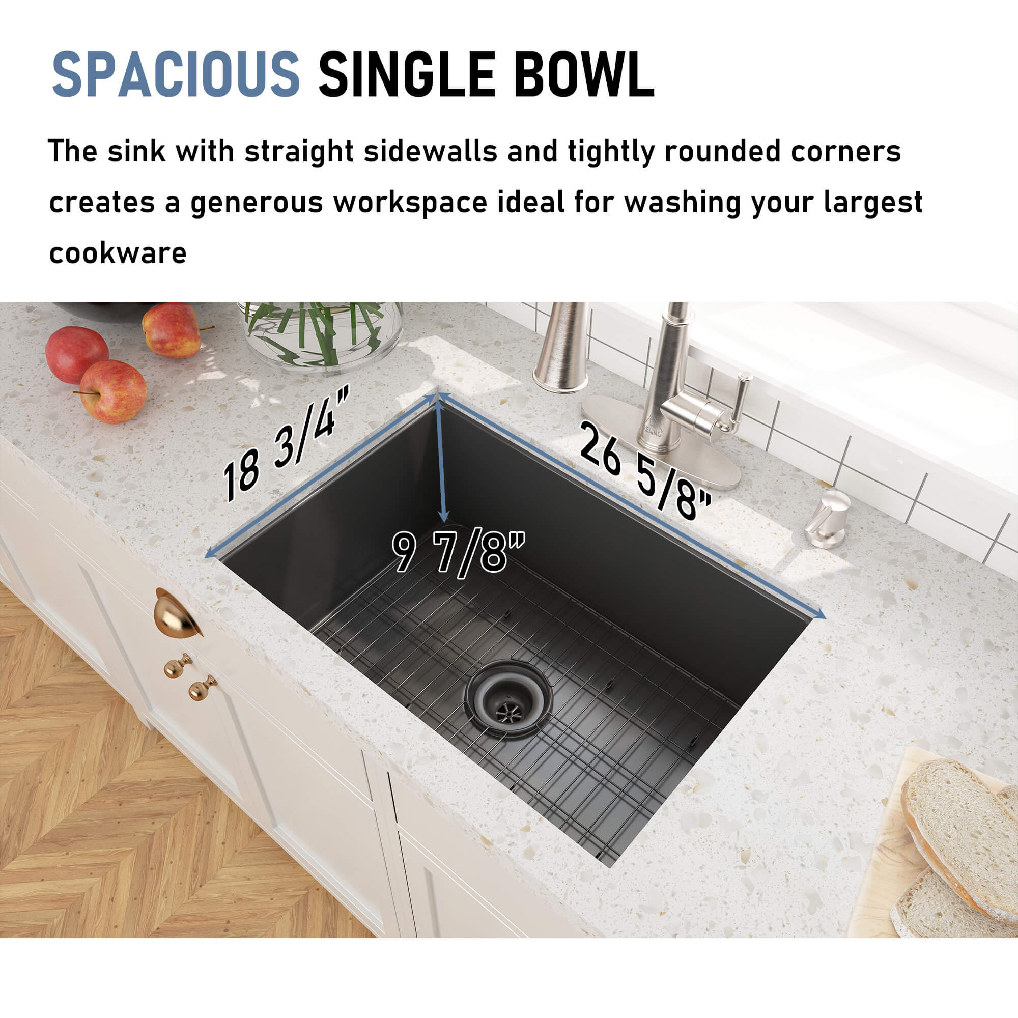 27 in. Undermount Single Bowl Fireclay Kitchen Sink with Grid and Drainer With cUPC Certified, in Glossy White/Matte Black/Matte Gray
