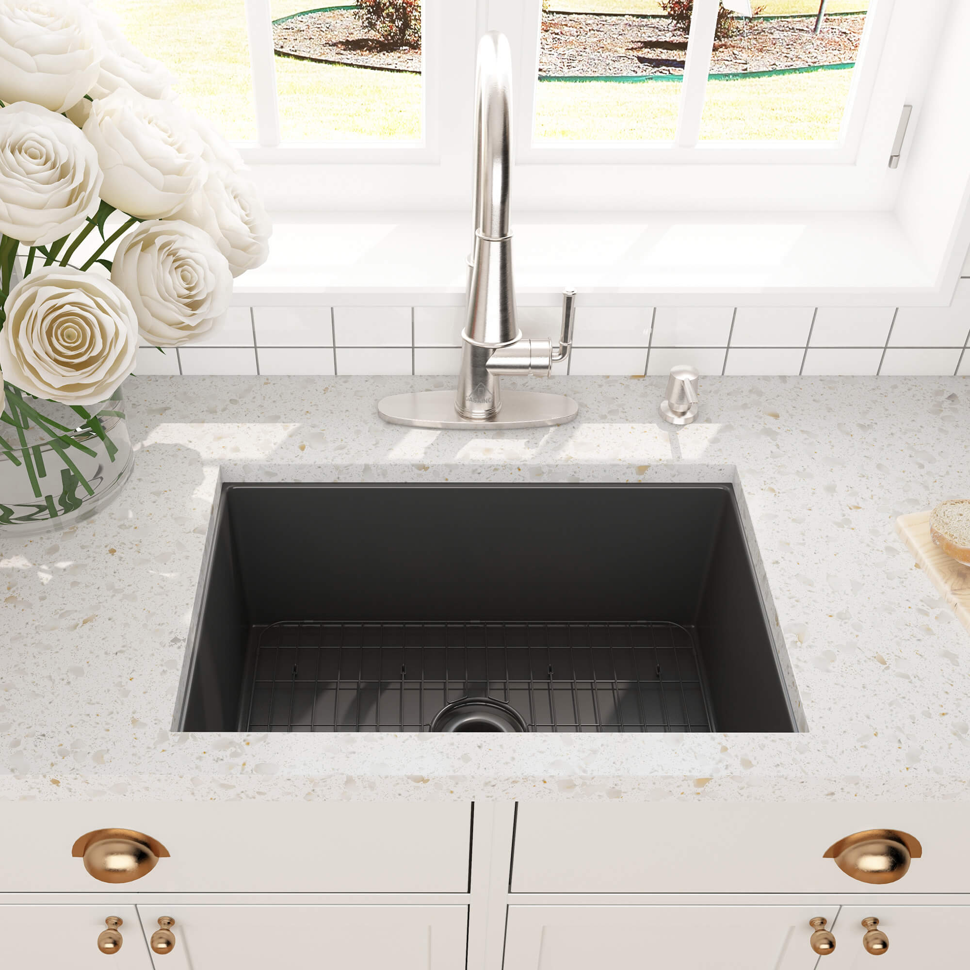 27 in. Undermount Single Bowl Fireclay Kitchen Sink with Grid and Drainer With cUPC Certified, in Glossy White/Matte Black/Matte Gray