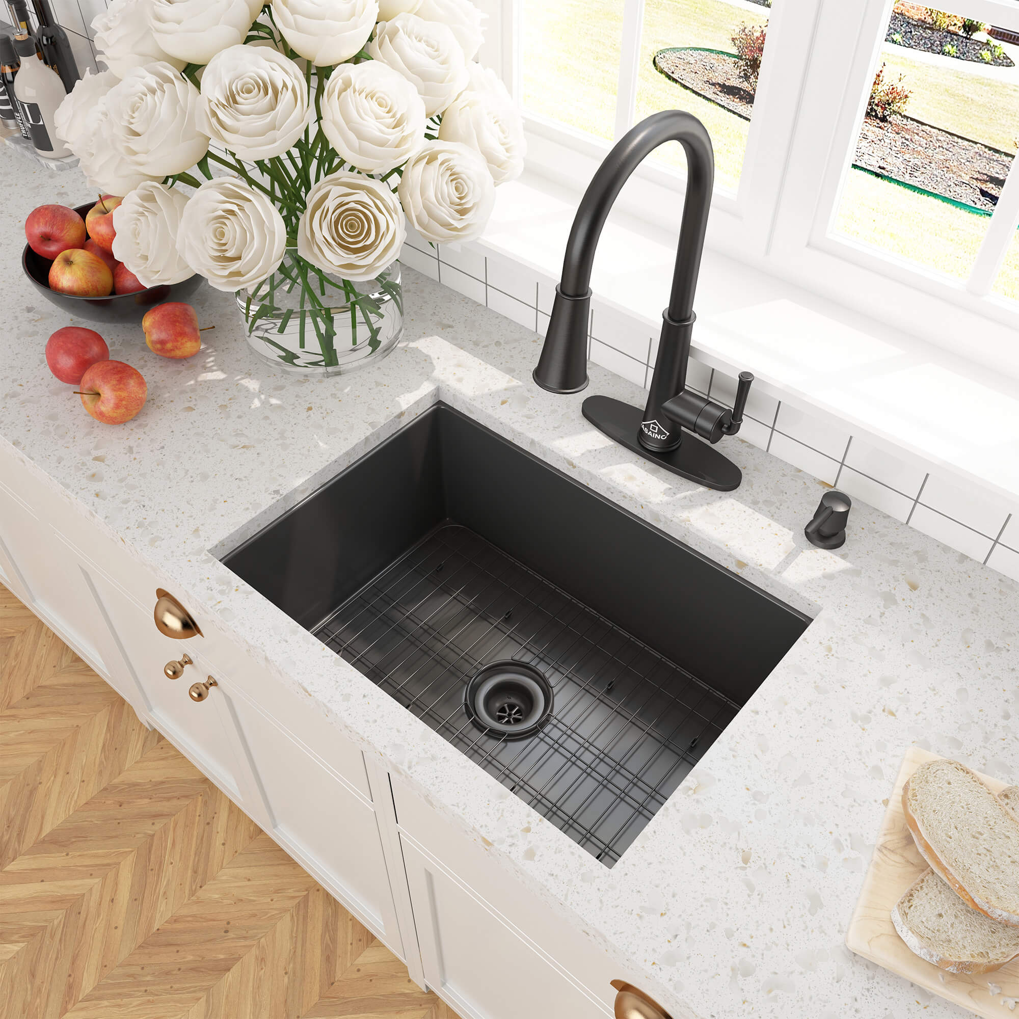 27 in. Undermount Single Bowl Fireclay Kitchen Sink with Grid and Drainer With cUPC Certified, in Glossy White/Matte Black/Matte Gray
