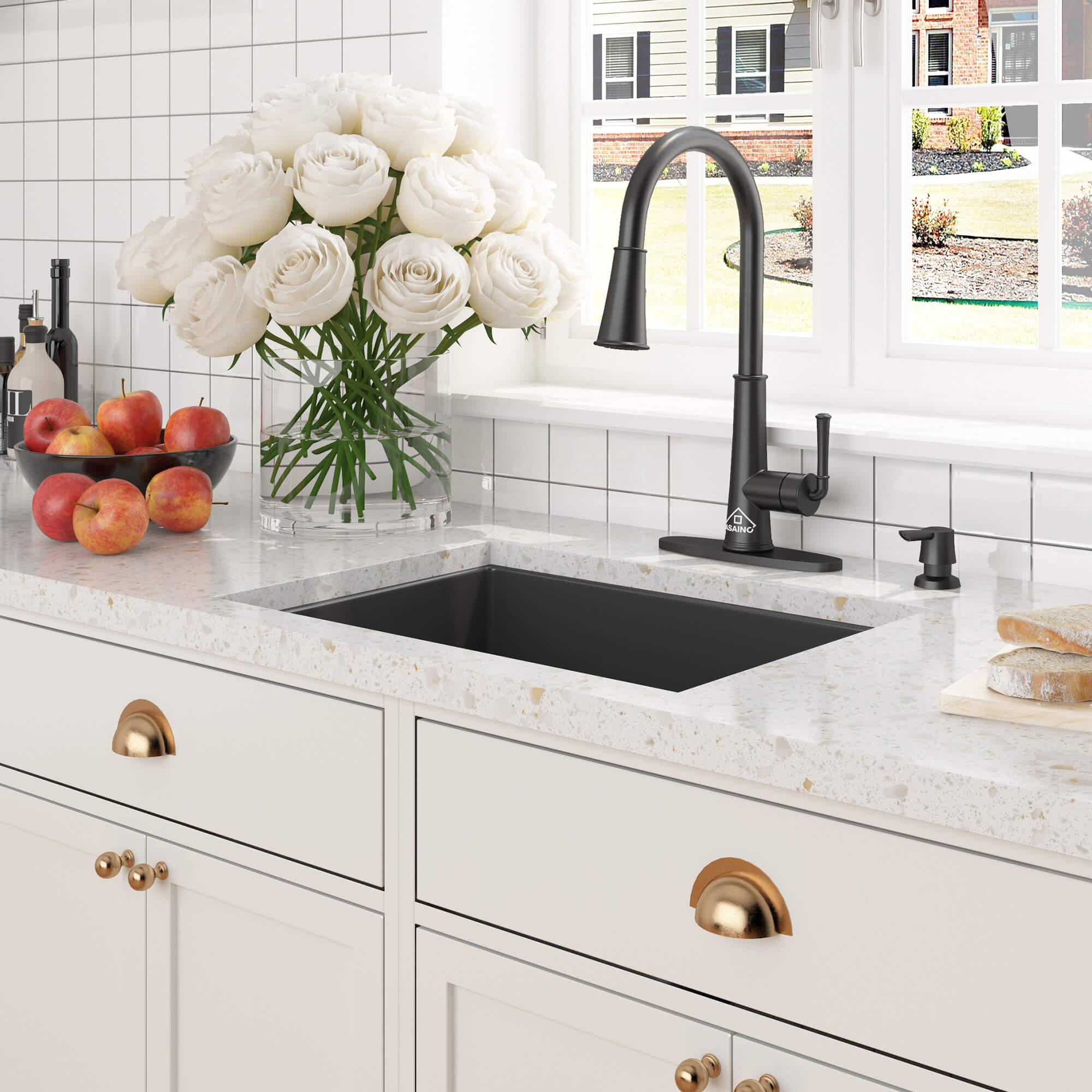 27 in. Undermount Single Bowl Fireclay Kitchen Sink with Grid and Drainer With cUPC Certified, in Glossy White/Matte Black/Matte Gray