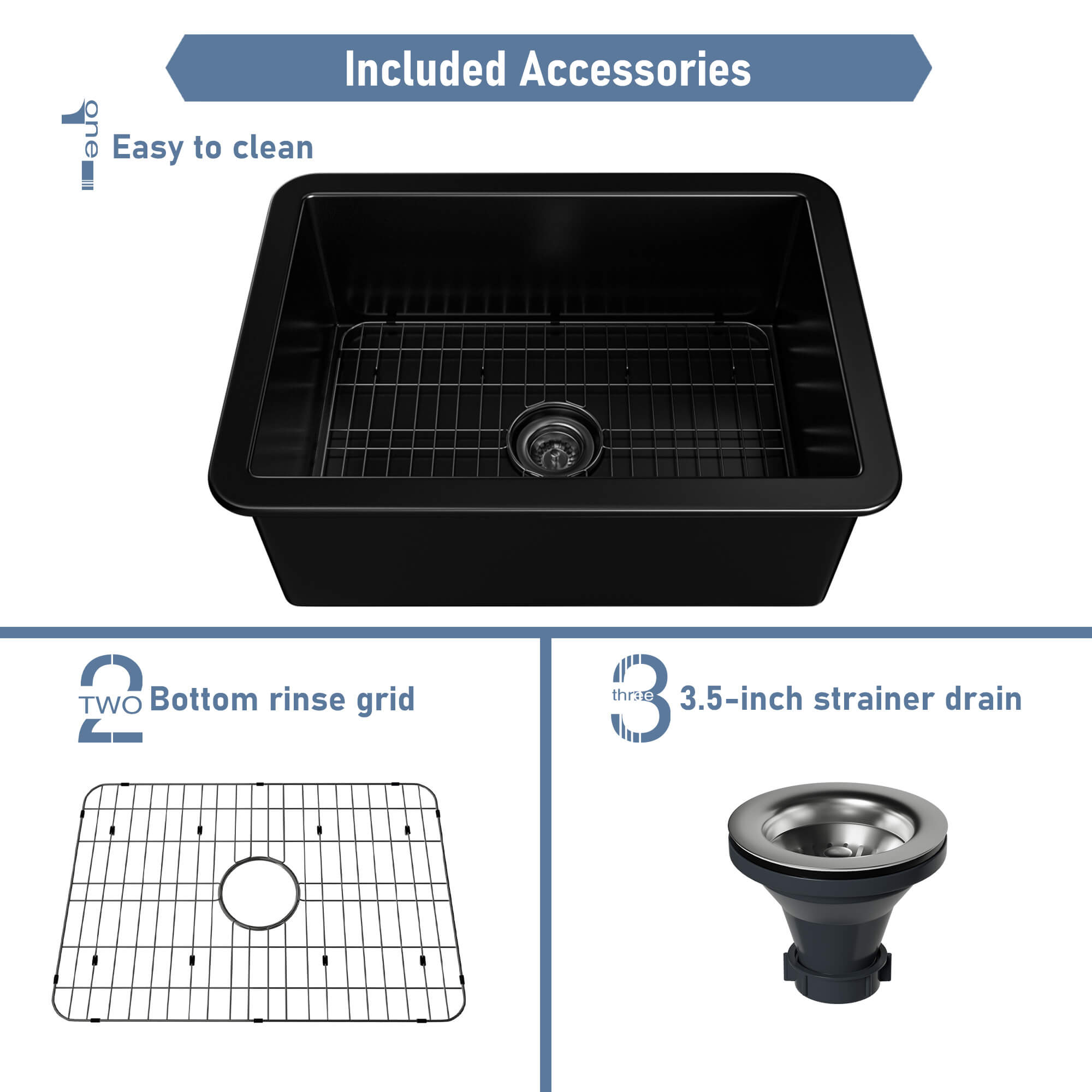 27 in. Undermount Single Bowl Fireclay Kitchen Sink with Grid and Drainer With cUPC Certified, in Glossy White/Matte Black/Matte Gray