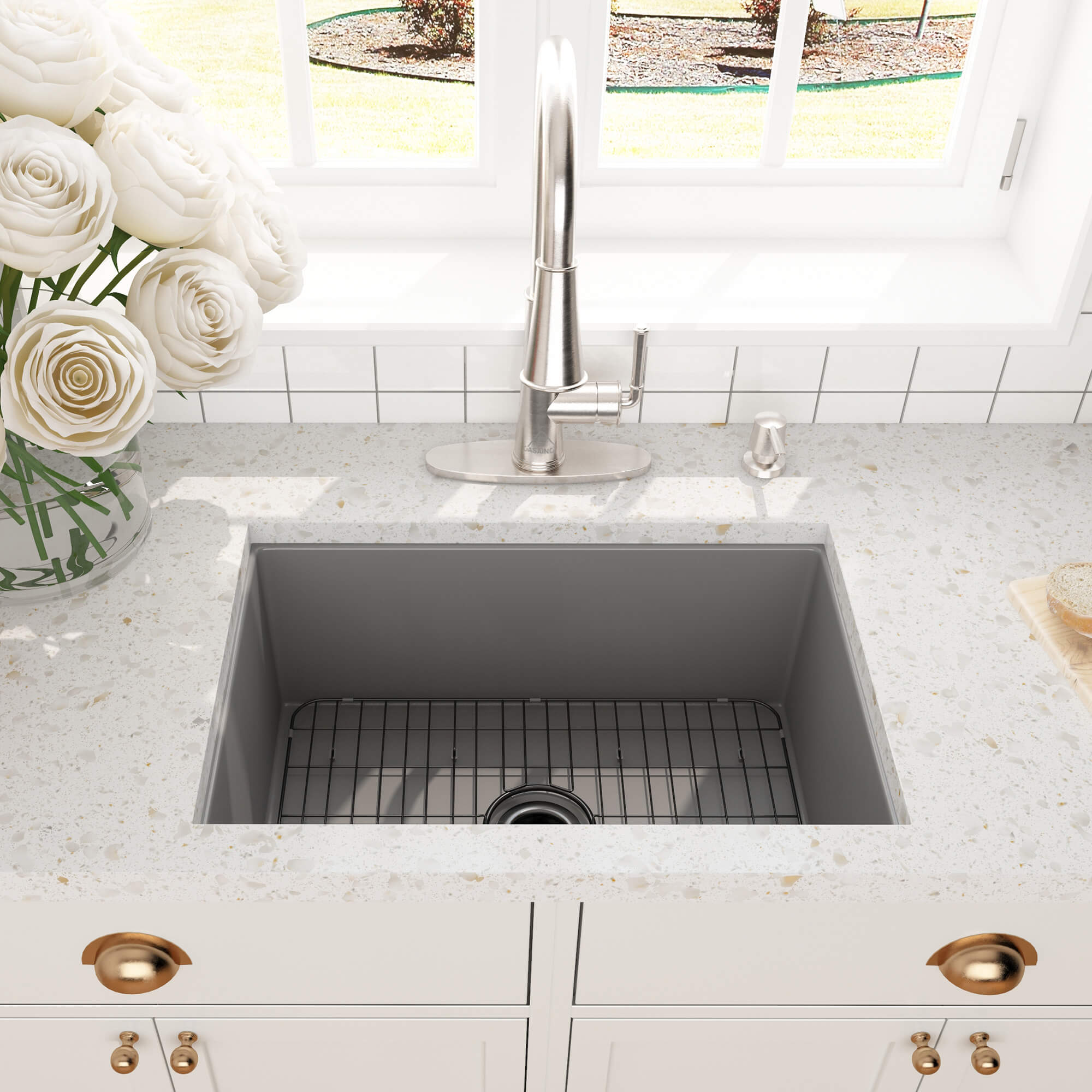 27 in. Undermount Single Bowl Fireclay Kitchen Sink with Grid and Drainer With cUPC Certified, in Glossy White/Matte Black/Matte Gray