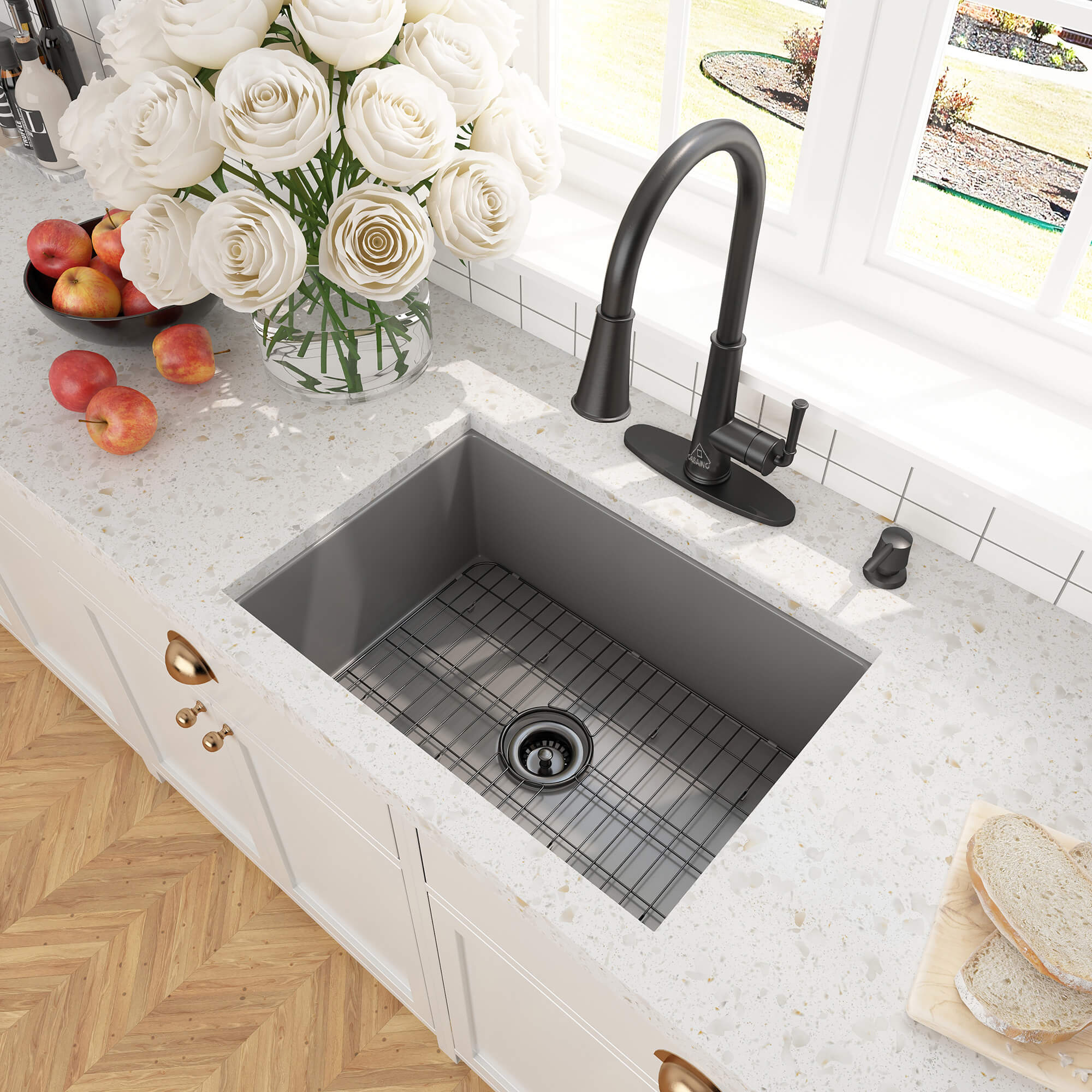 27 in. Undermount Single Bowl Fireclay Kitchen Sink with Grid and Drainer With cUPC Certified, in Glossy White/Matte Black/Matte Gray