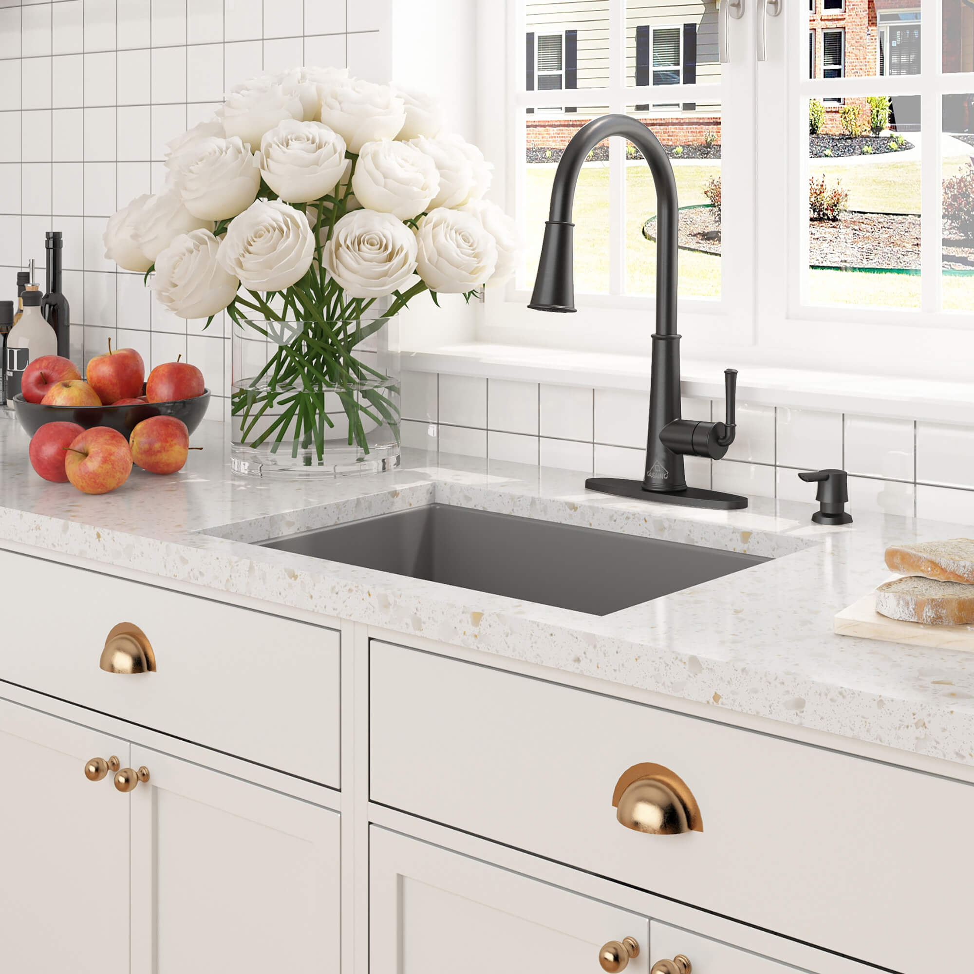 27 in. Undermount Single Bowl Fireclay Kitchen Sink with Grid and Drainer With cUPC Certified, in Glossy White/Matte Black/Matte Gray