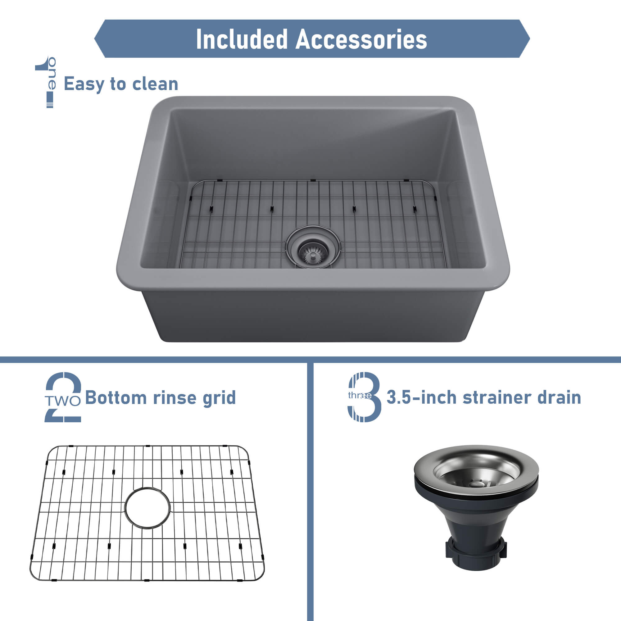27 in. Undermount Single Bowl Fireclay Kitchen Sink with Grid and Drainer With cUPC Certified, in Glossy White/Matte Black/Matte Gray